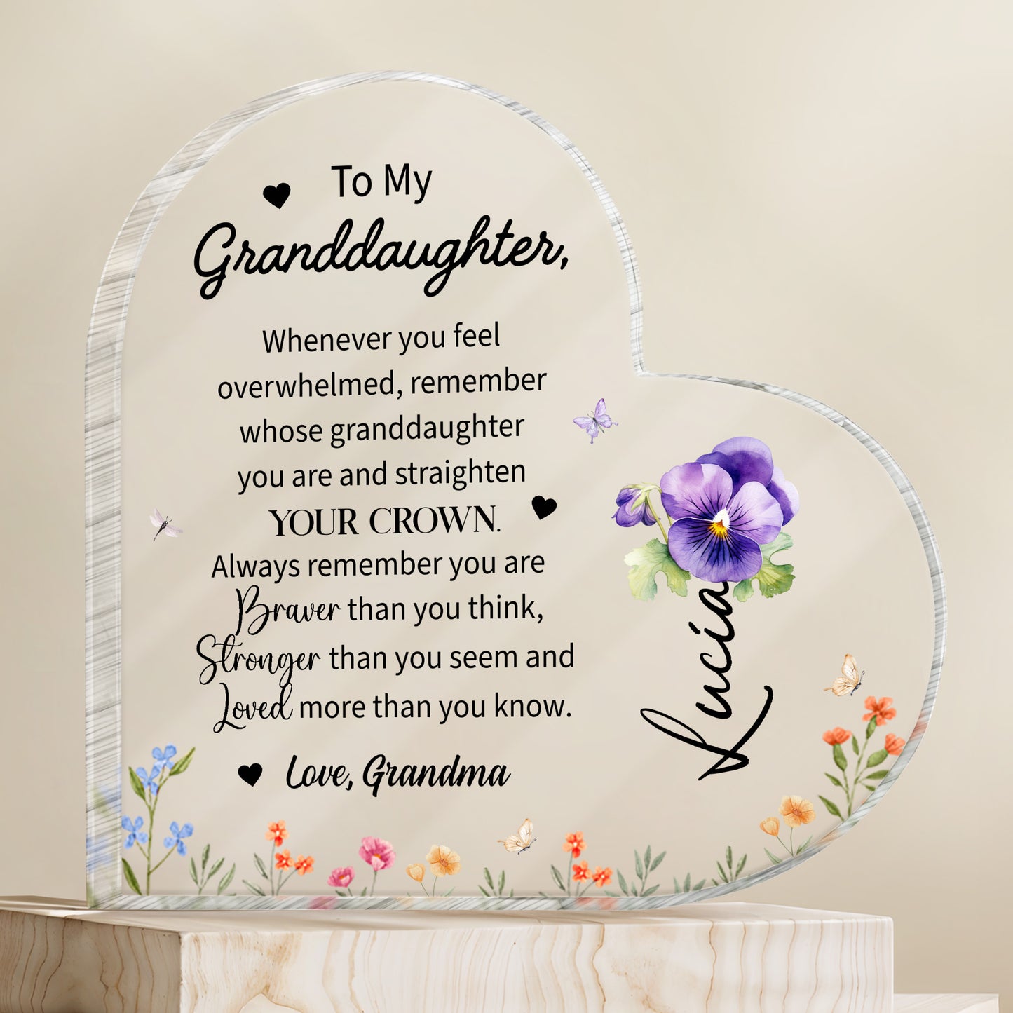 Granddaughter Crown And Flowers Heartfelt Message - Personalized Heart Shaped Acrylic Plaque - FM032_HAP