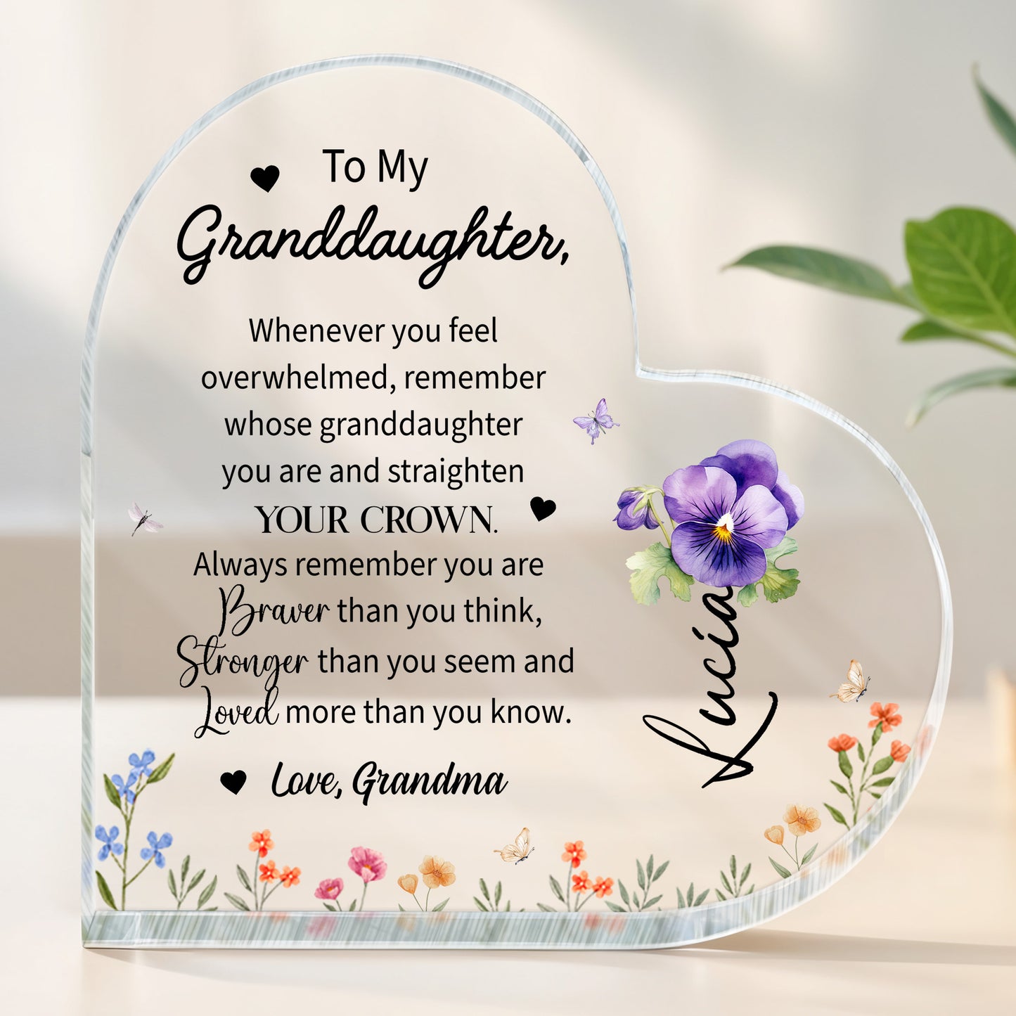Granddaughter Crown And Flowers Heartfelt Message - Personalized Heart Shaped Acrylic Plaque - FM032_HAP