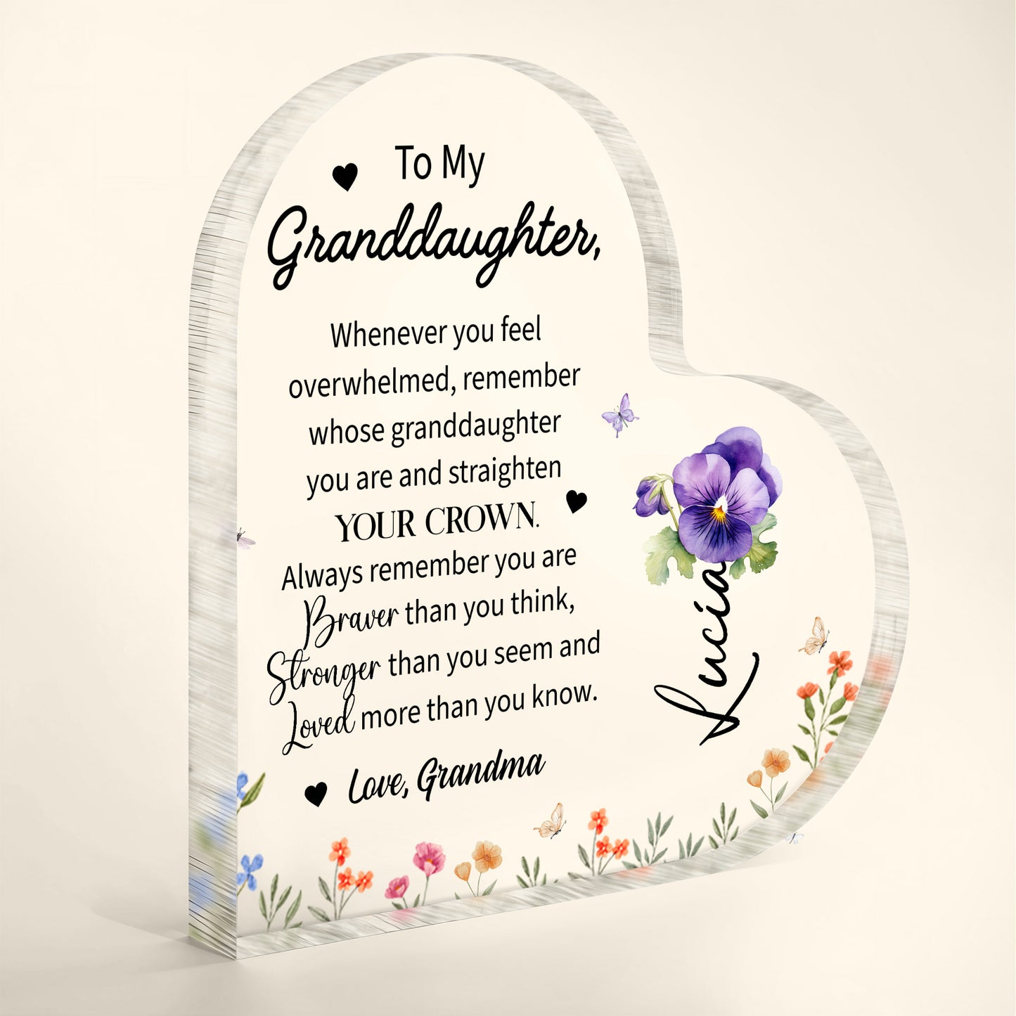 Granddaughter Crown And Flowers Heartfelt Message - Personalized Heart Shaped Acrylic Plaque - FM032_HAP
