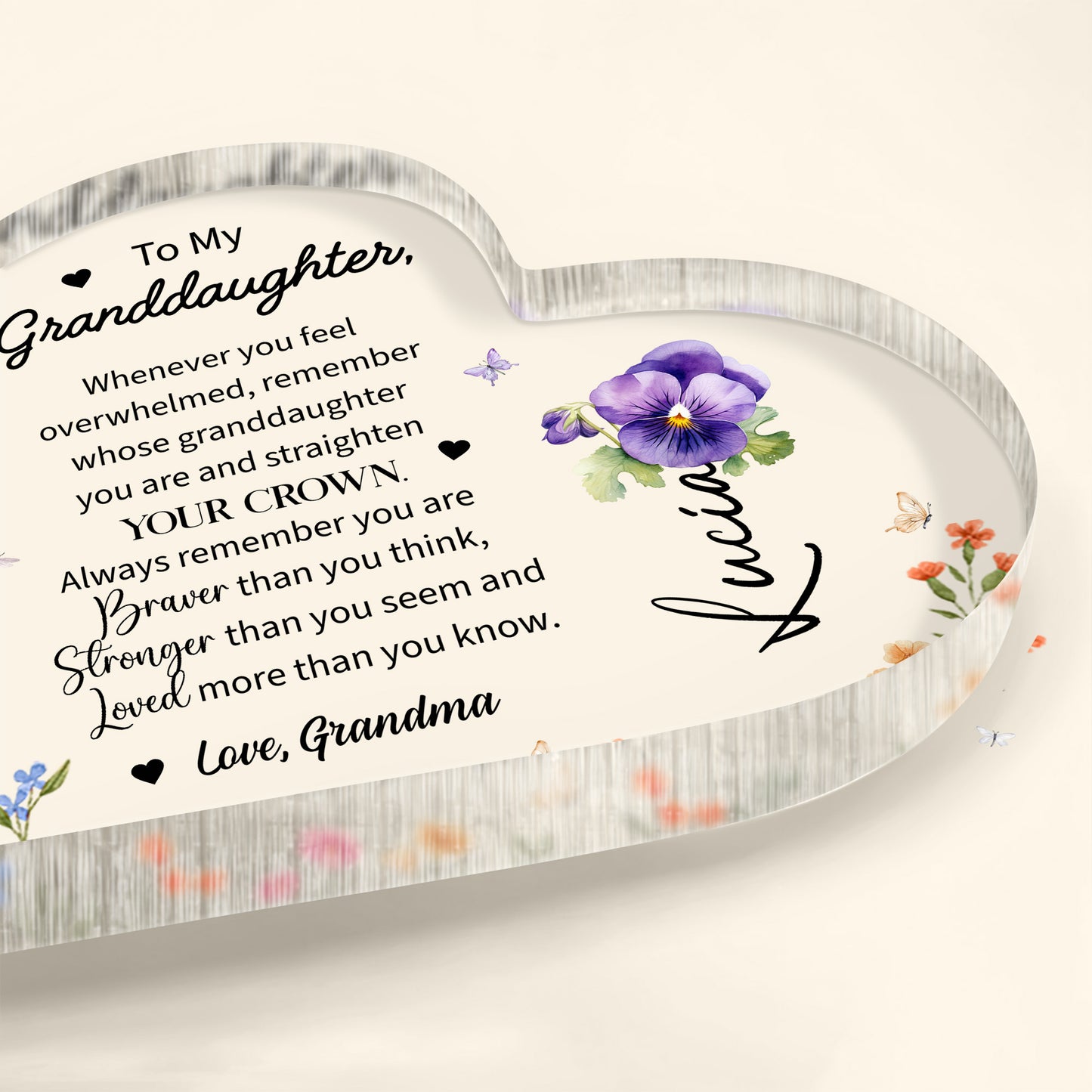 Granddaughter Crown And Flowers Heartfelt Message - Personalized Heart Shaped Acrylic Plaque - FM032_HAP