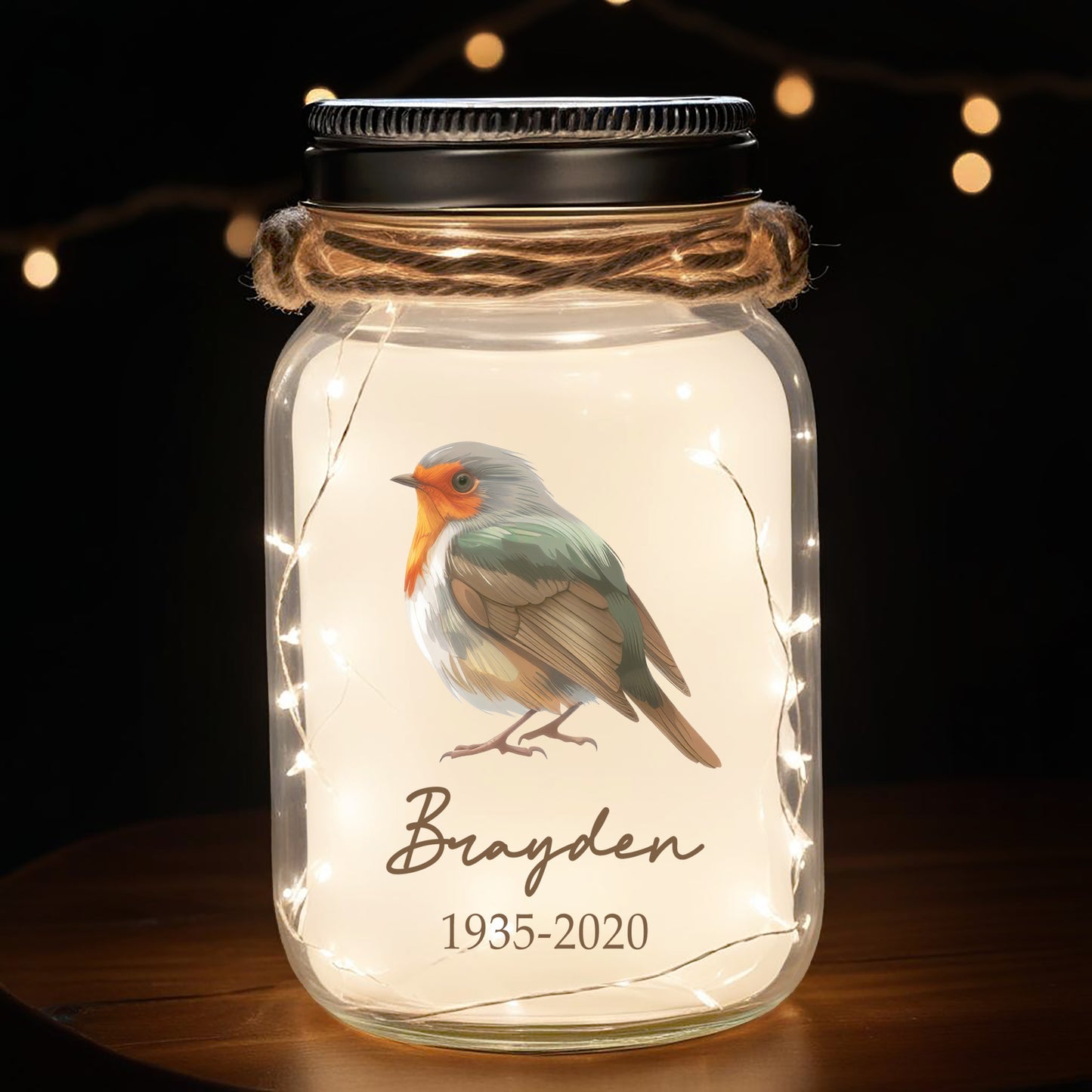 Les rouges-gorges apparaissent lorsque vos proches sont à proximité – Lampe personnalisée pour bocal Mason – FM062_JARL