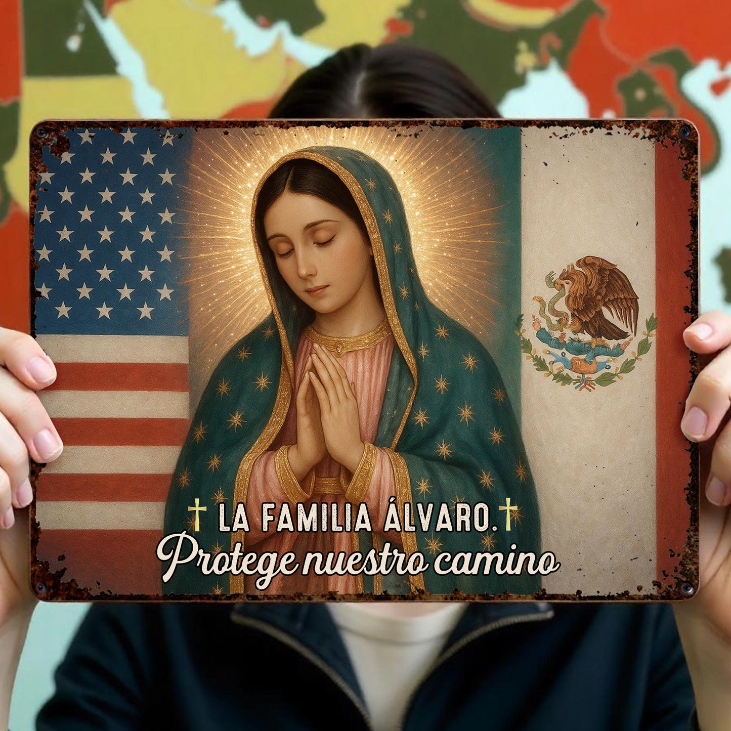 La Familia Álvaro, Protege Nuestro Camino, Virgin Mary and Flags