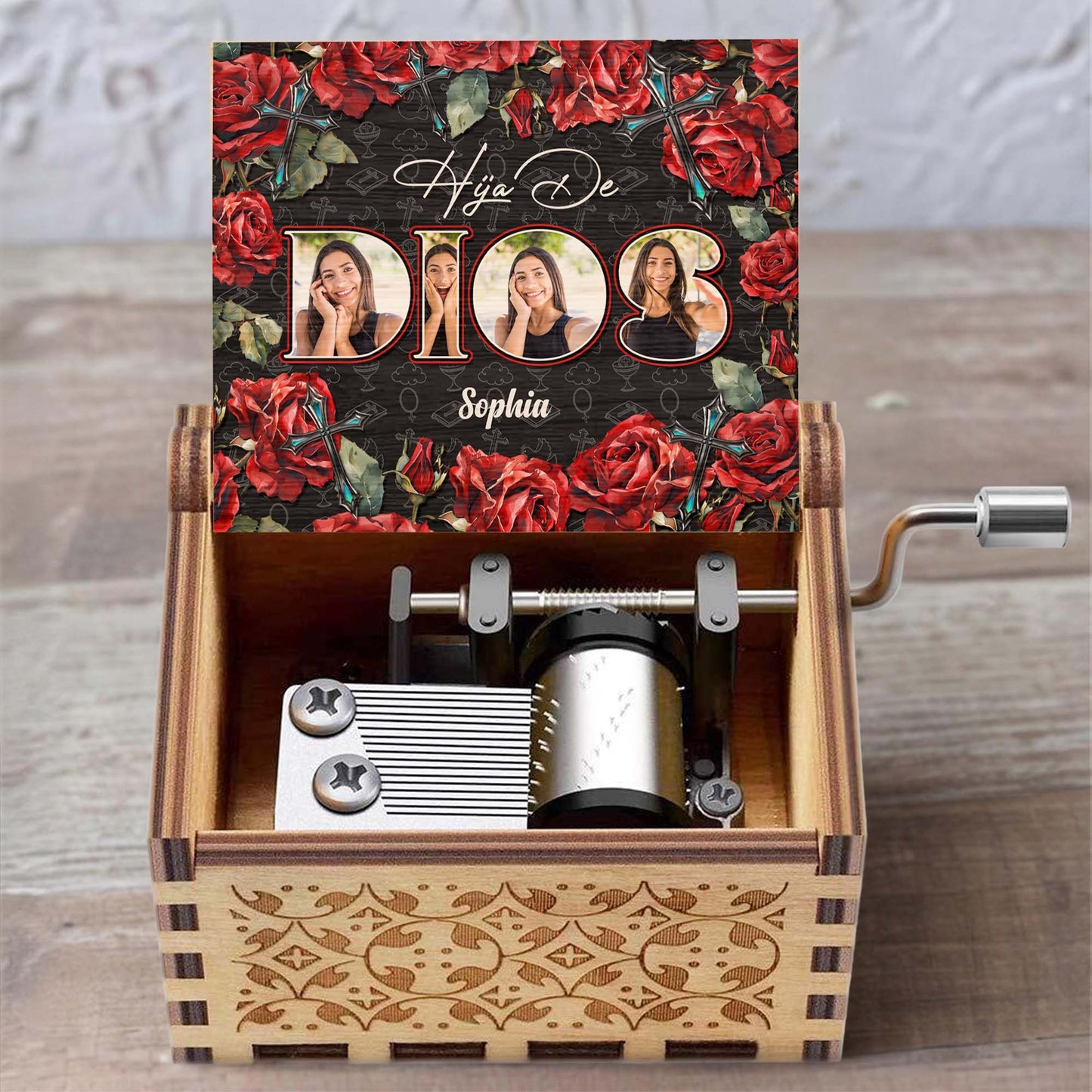 Daughter Of God Surrounded By Roses And Crosses - Custom Music Box With "You Are My Sunshine" Tune - FTH032_MZB