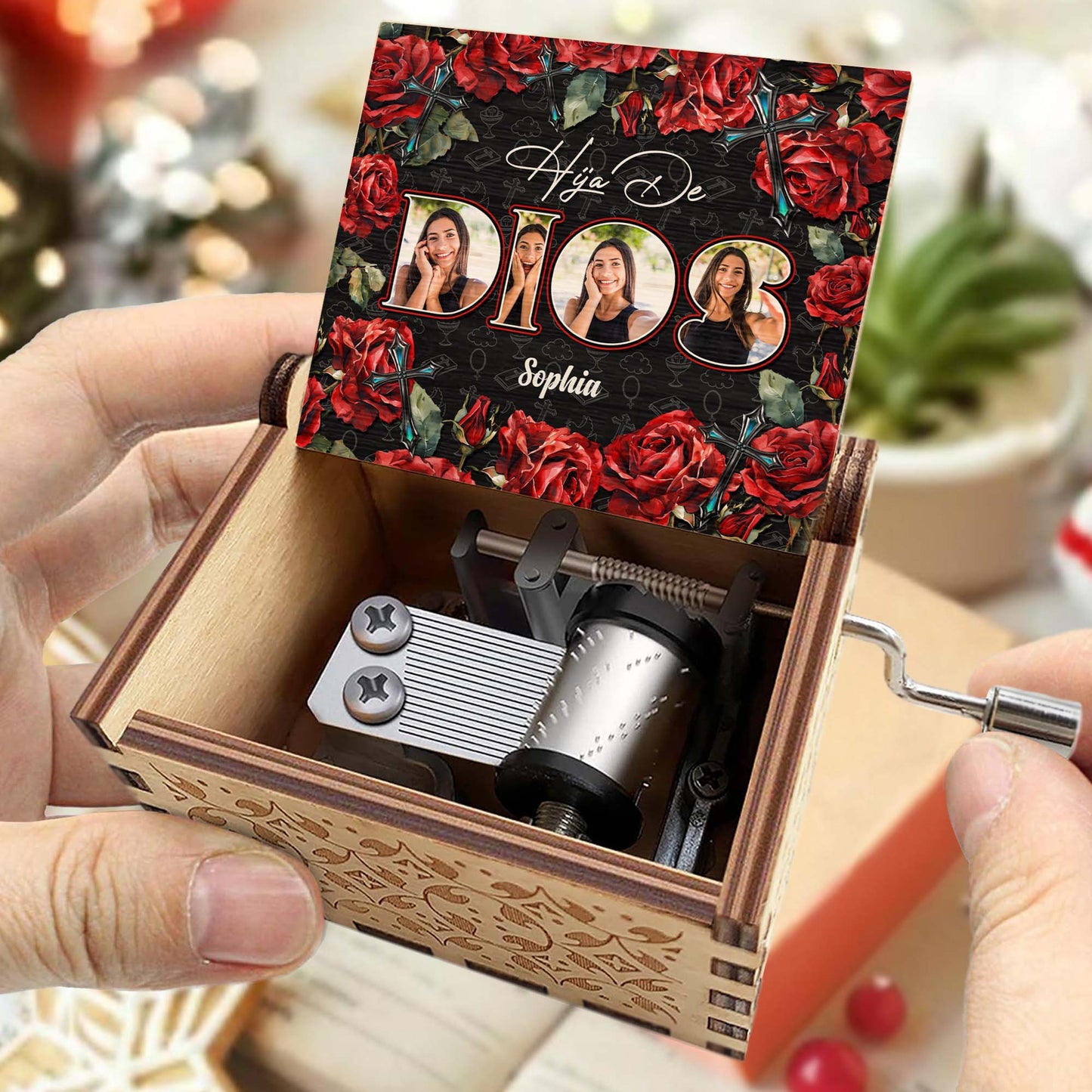 Daughter Of God Surrounded By Roses And Crosses - Custom Music Box With "You Are My Sunshine" Tune - FTH032_MZB