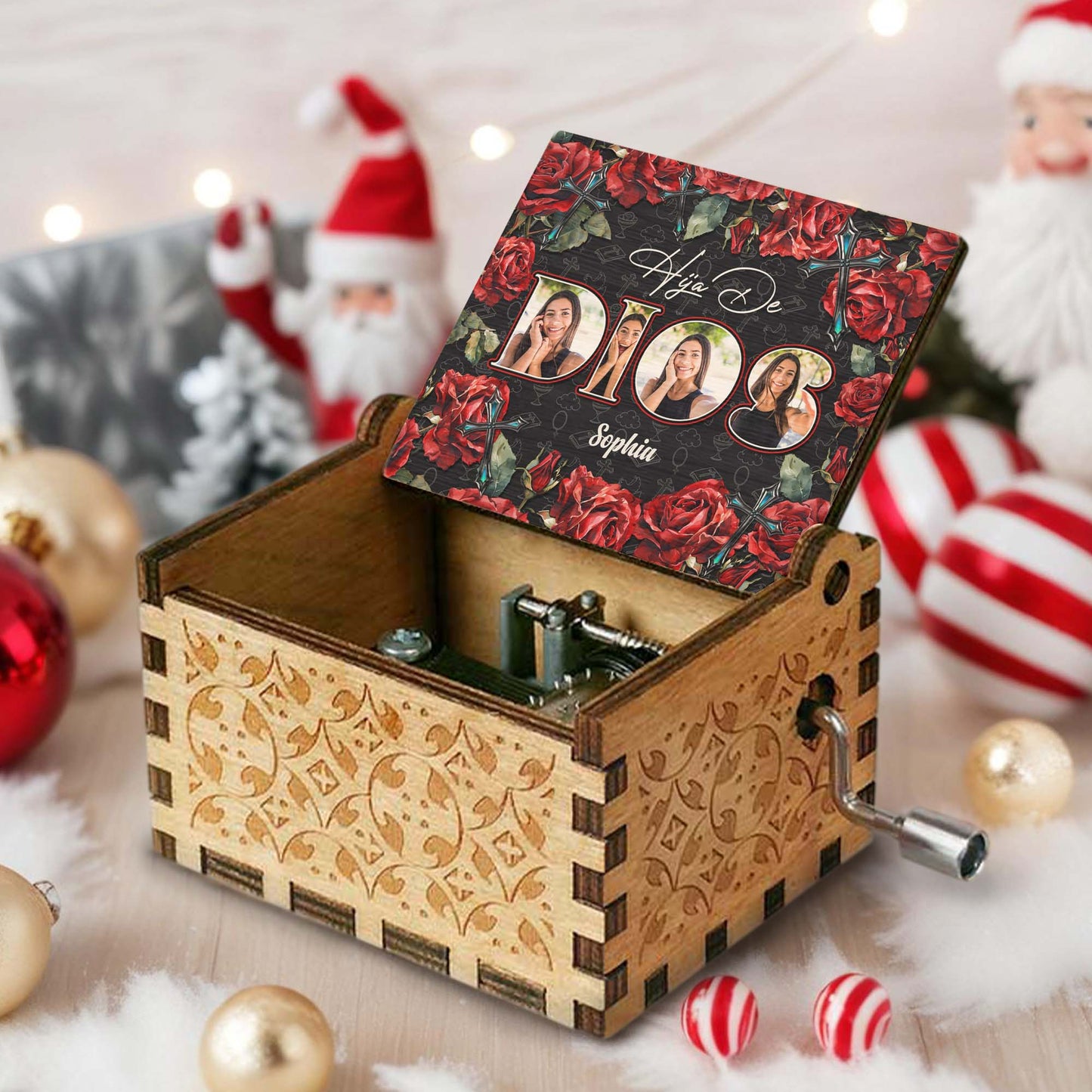 Daughter Of God Surrounded By Roses And Crosses - Custom Music Box With "You Are My Sunshine" Tune - FTH032_MZB