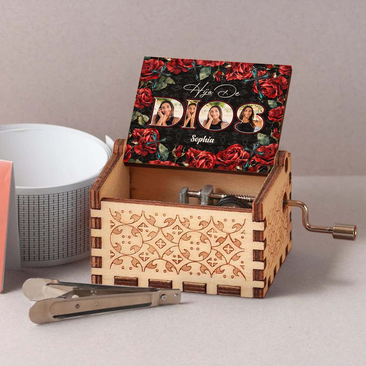 Daughter Of God Surrounded By Roses And Crosses - Custom Music Box With "You Are My Sunshine" Tune - FTH032_MZB
