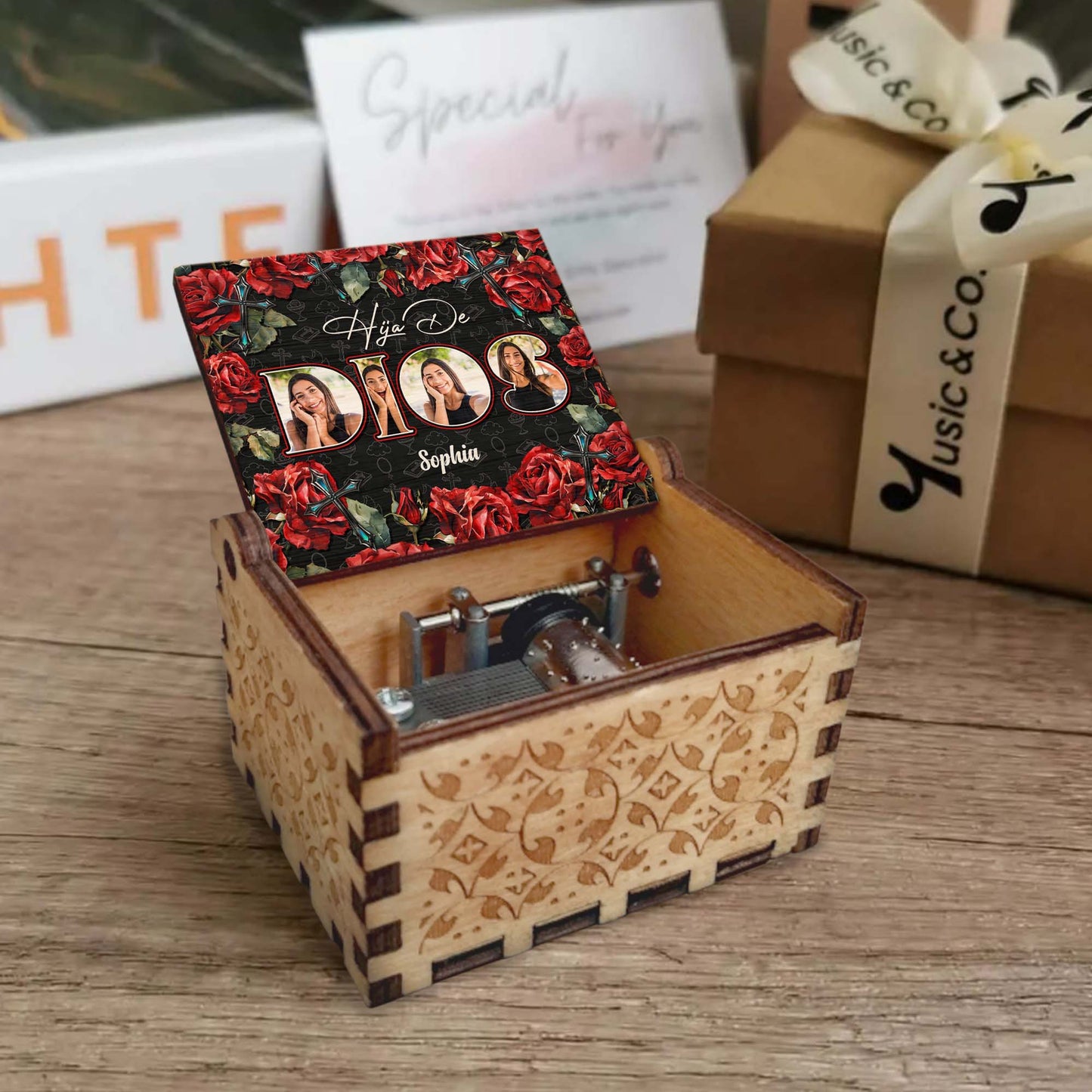Daughter Of God Surrounded By Roses And Crosses - Custom Music Box With "You Are My Sunshine" Tune - FTH032_MZB