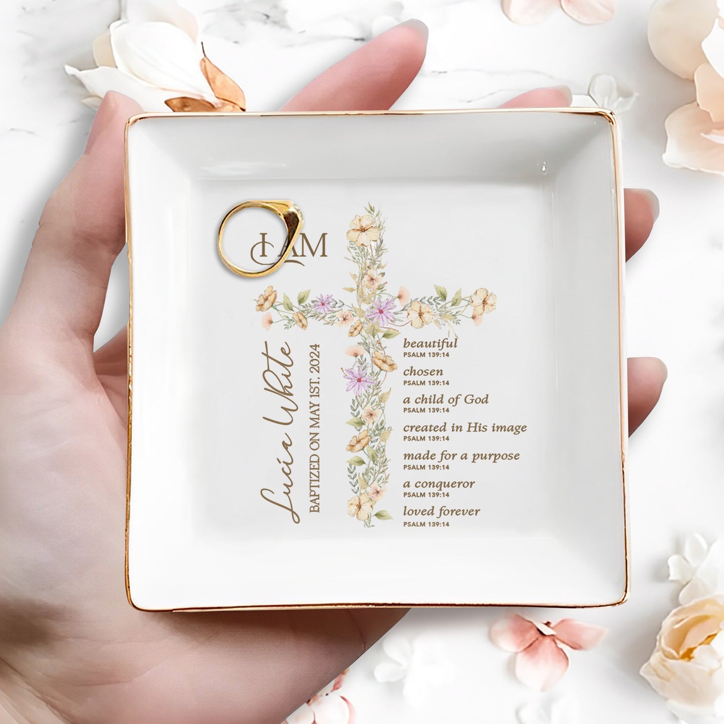 Beautiful Child Of God, Floral Cross Jewelry Dish