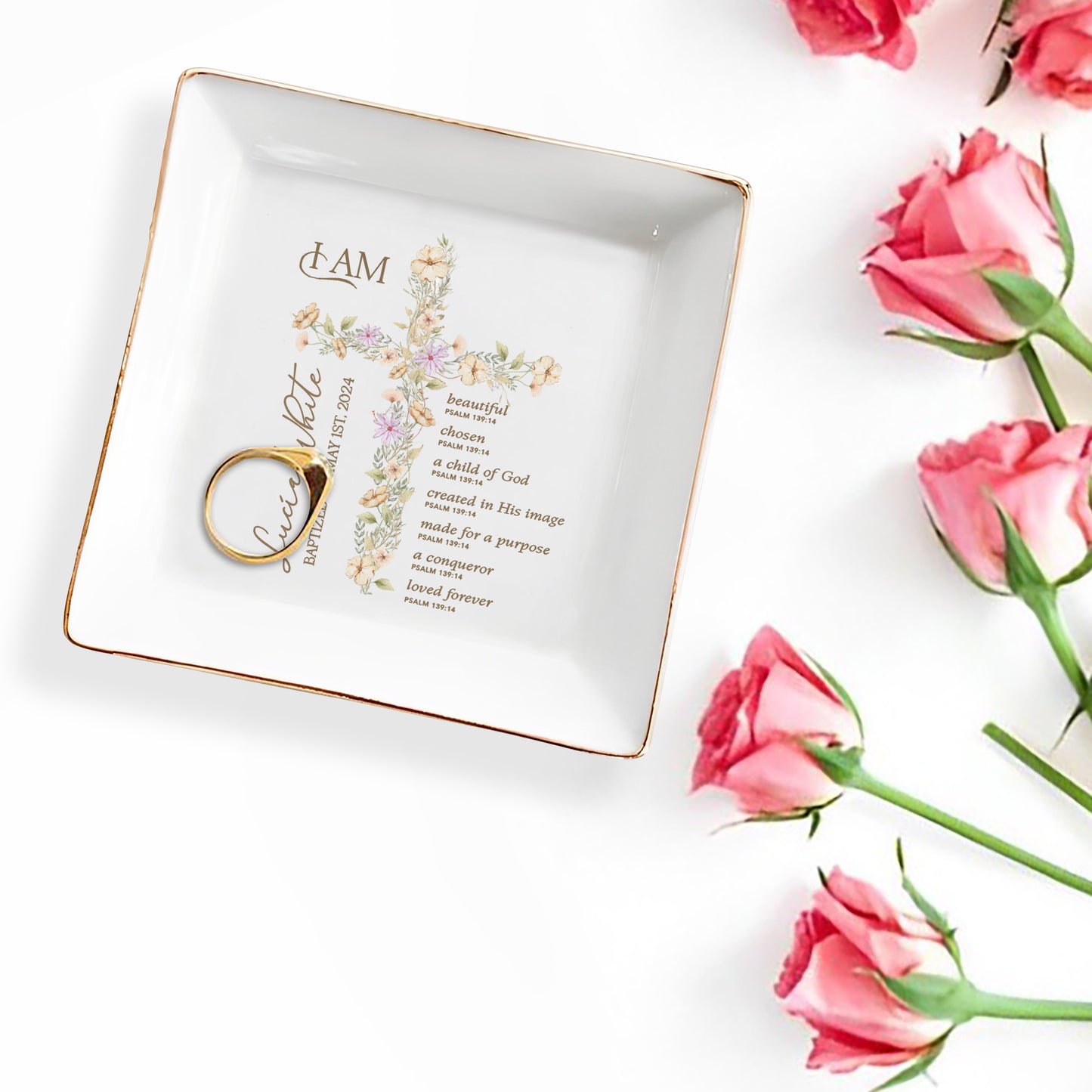 Beautiful Child Of God, Floral Cross Jewelry Dish