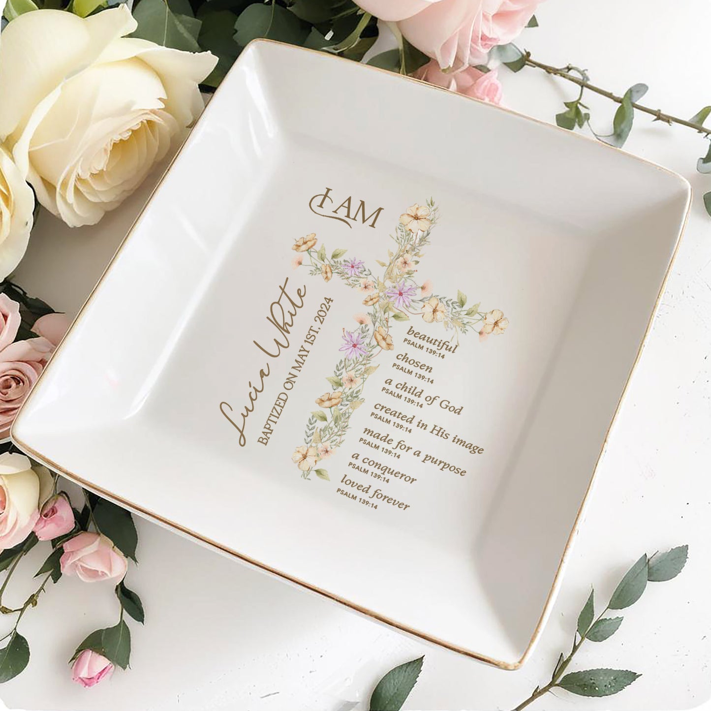 Beautiful Child Of God, Floral Cross Jewelry Dish