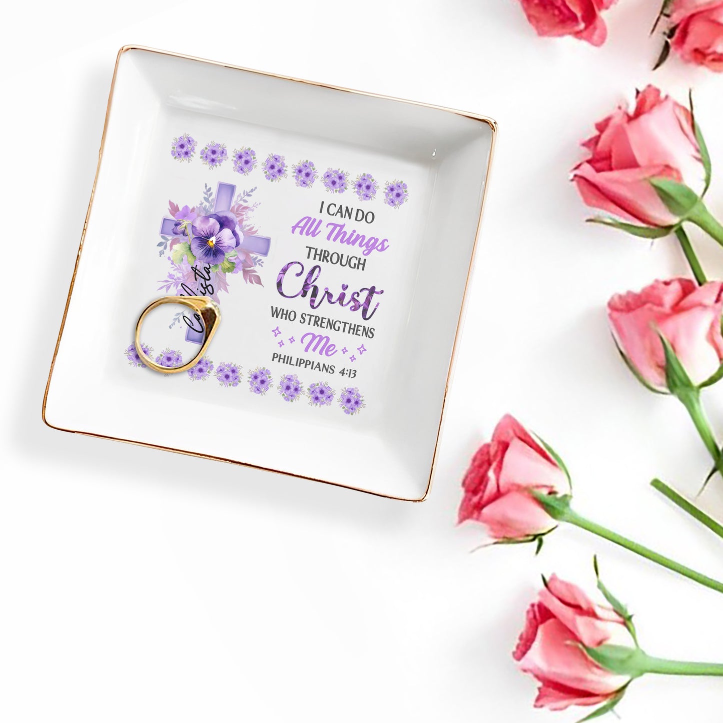 I Can Do All Things Through Christ Floral Cross Jewelry Dish