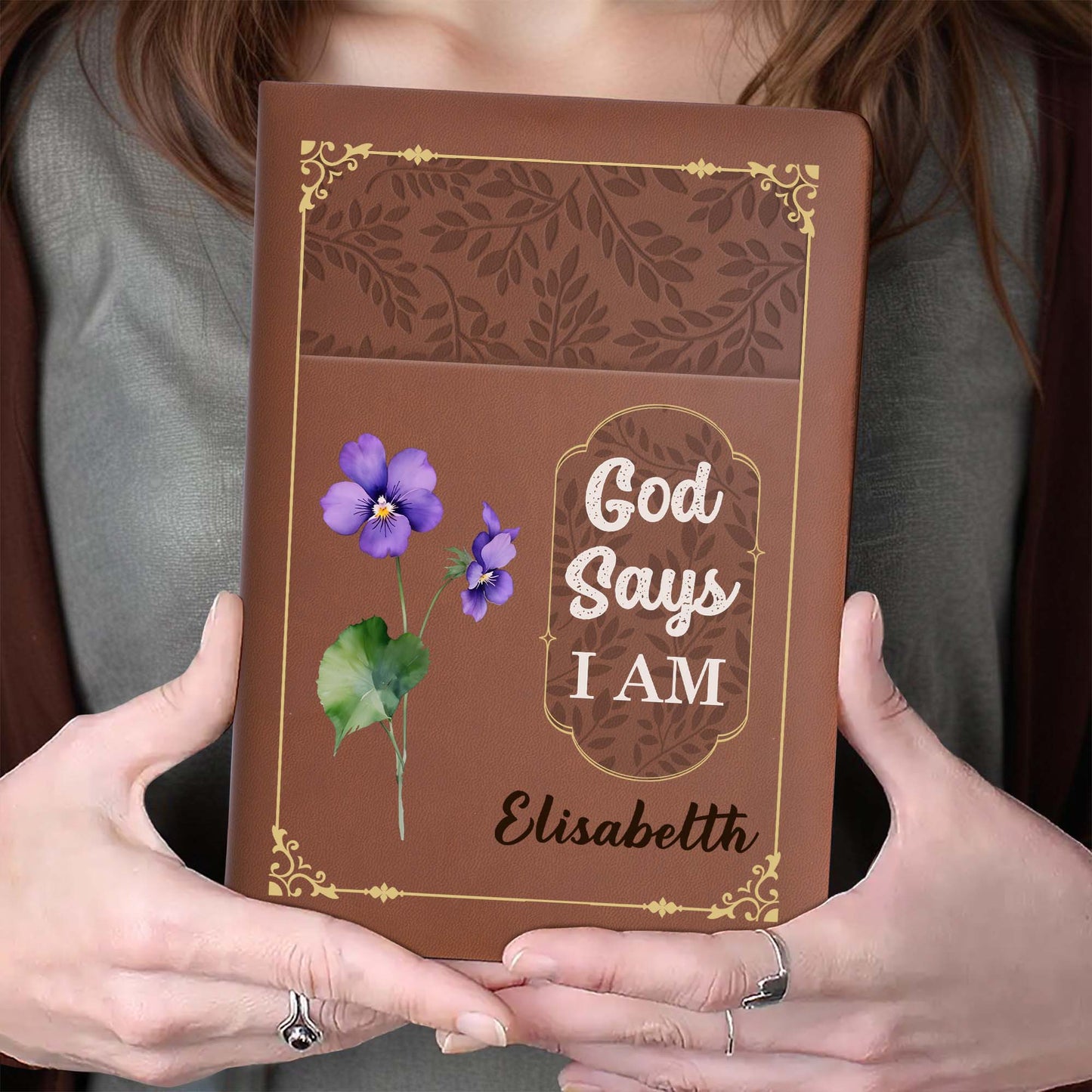 God Says I Am With Beautiful Flower Design - Personalized Custom Leather Journal - FTH034_JRNL