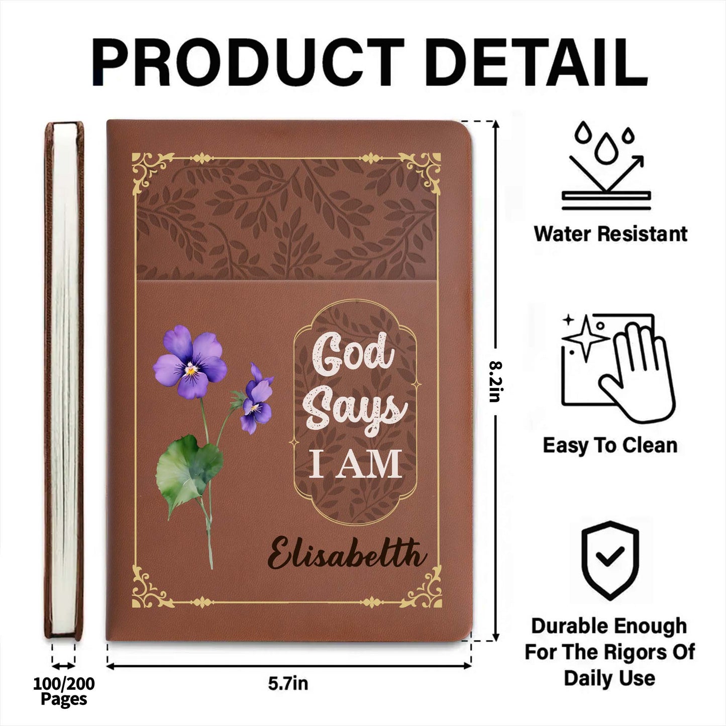 God Says I Am With Beautiful Flower Design - Personalized Custom Leather Journal - FTH034_JRNL