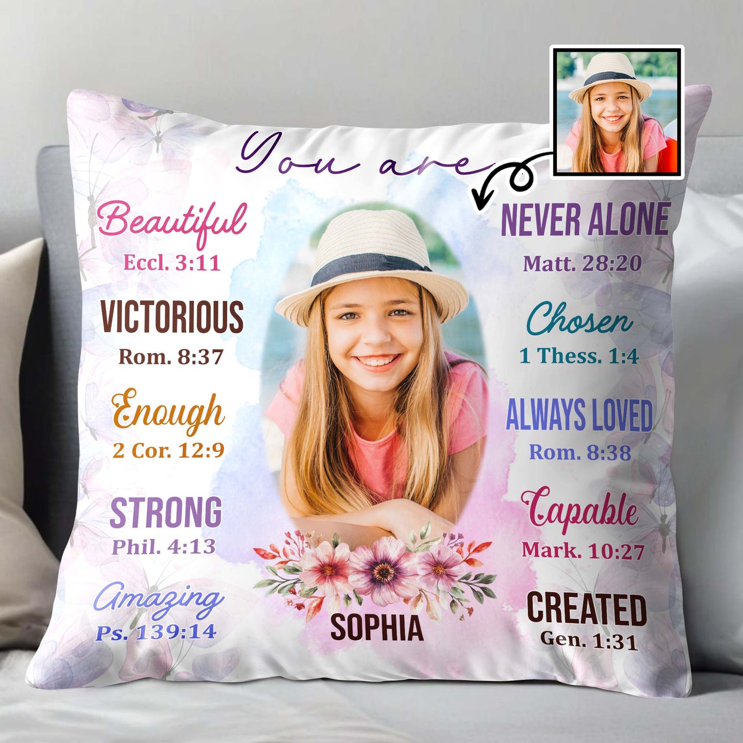 Beautiful, Strong, Amazing Pillow With Biblical Verses And Floral Design - Personalized Custom Pillow, Insert Included - FTH036_PLW