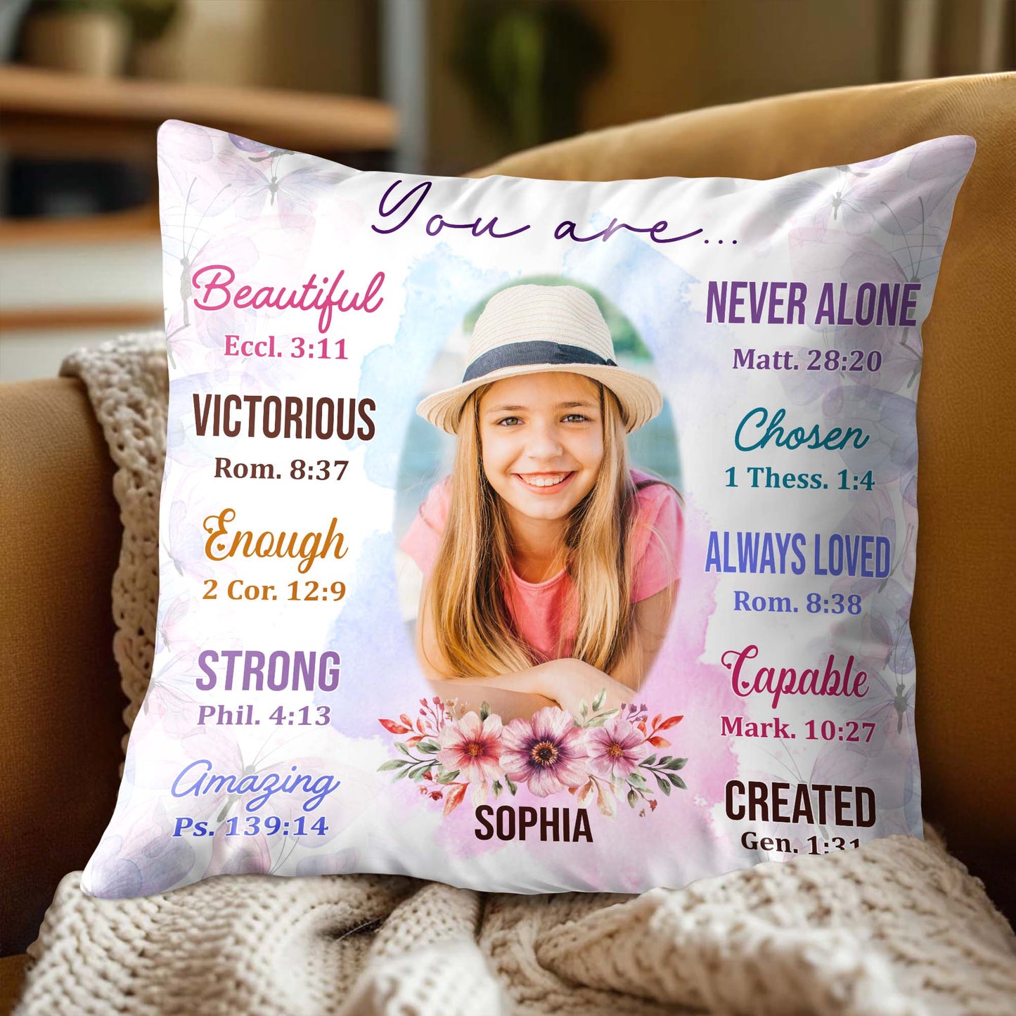Beautiful, Strong, Amazing Pillow With Biblical Verses And Floral Design