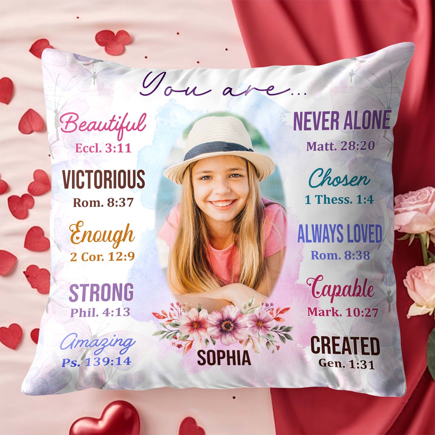 Beautiful, Strong, Amazing Pillow With Biblical Verses And Floral Design