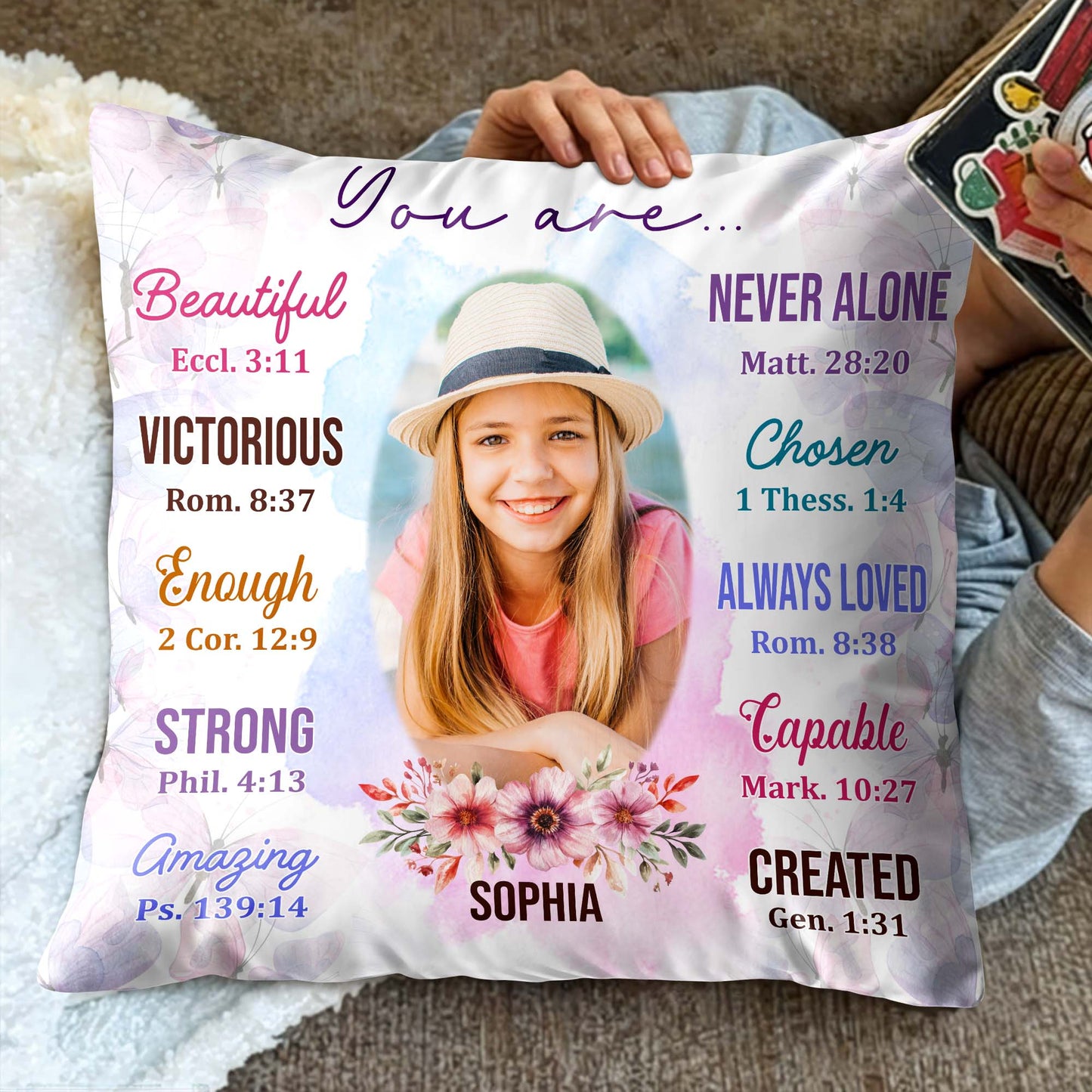 Beautiful, Strong, Amazing Pillow With Biblical Verses And Floral Design