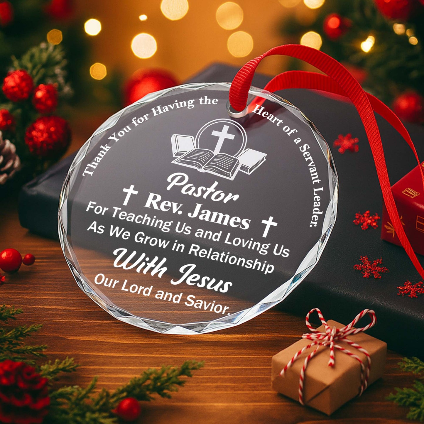 Thank You For Teaching Us, Cross and Book Design - Personalized Custom Circle Glass Ornament - FTH040_CGOR