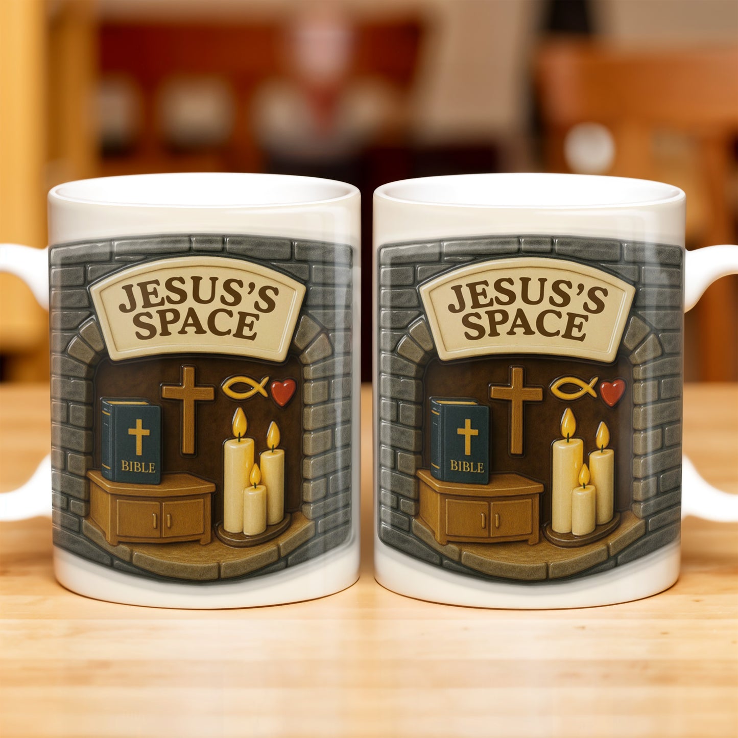 Jesus's Space, Candles, Bible, And Cross Design