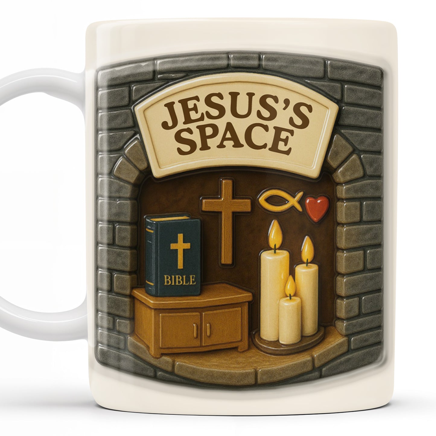 Jesus's Space, Candles, Bible, And Cross Design