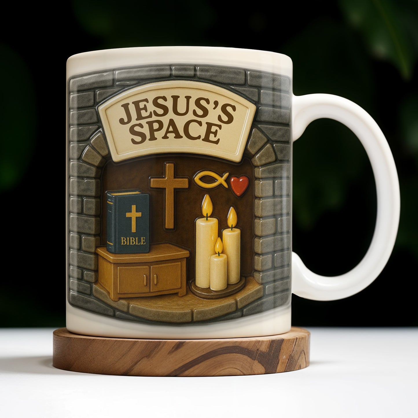 Jesus's Space, Candles, Bible, And Cross Design