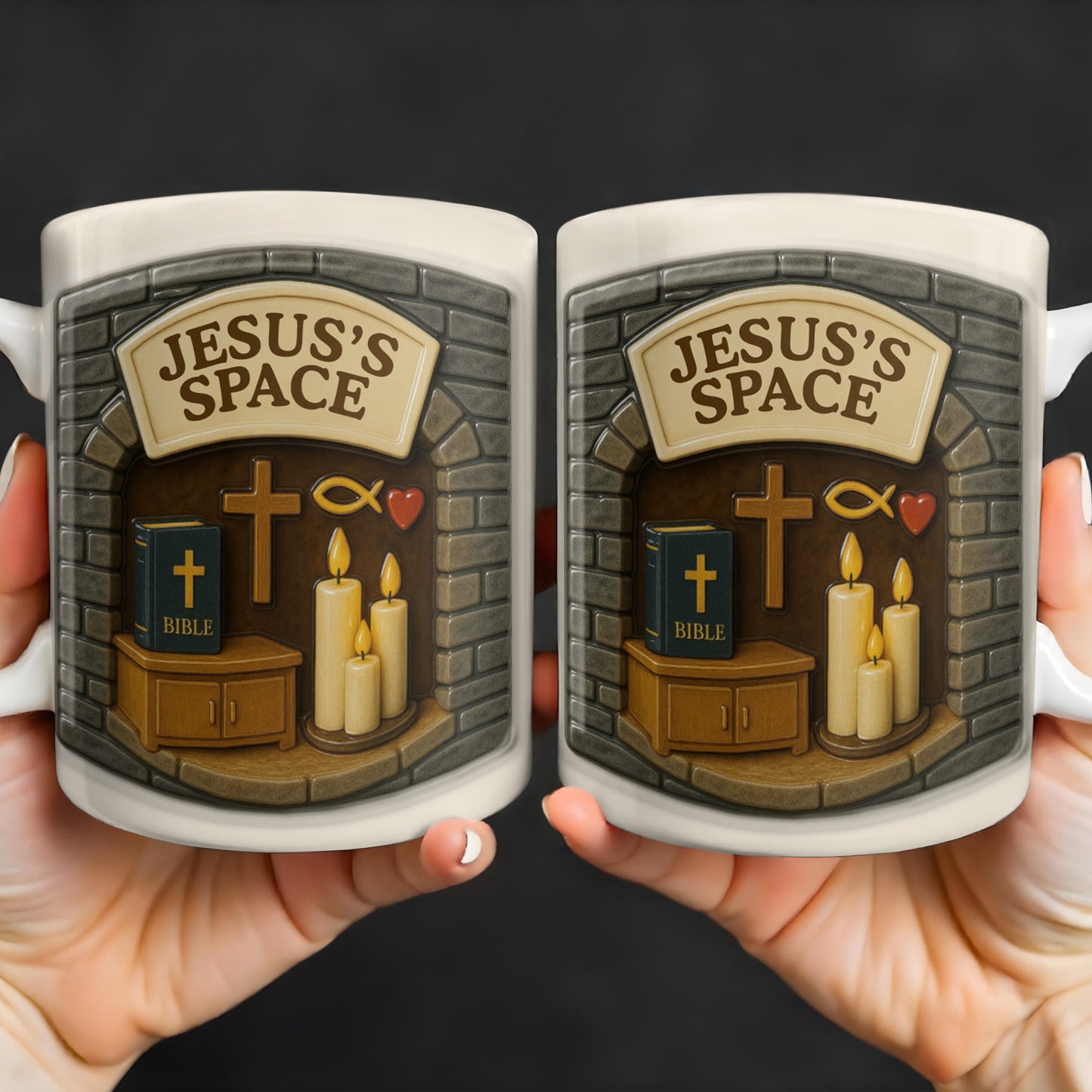 Jesus's Space, Candles, Bible, And Cross Design
