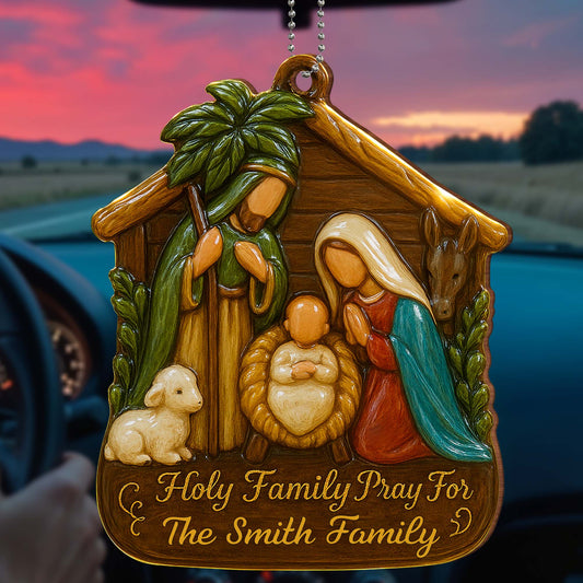 Sainte Famille, priez pour nous, Agneau et Âne de la Sainte Famille - Décoration en bois personnalisée, décoration à suspendre pour voiture - FTH050_WCA