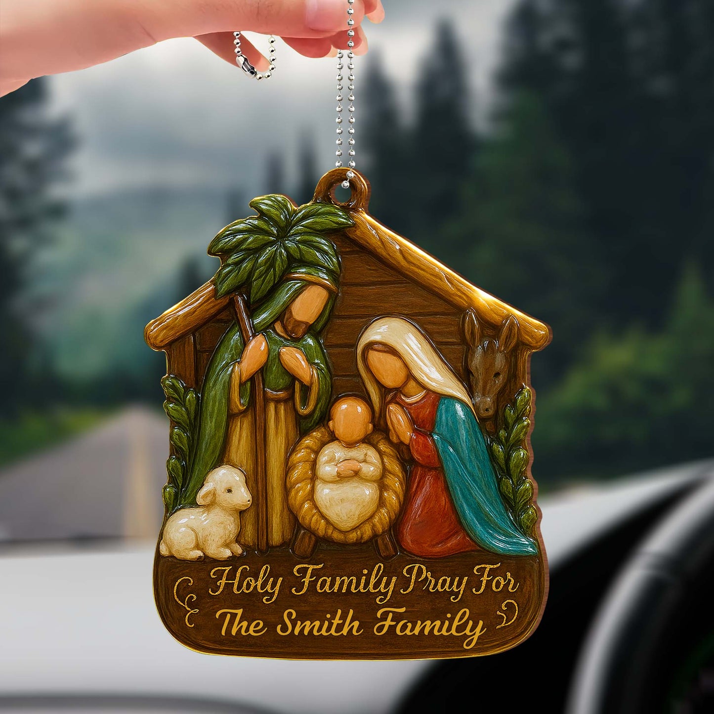 Holy Family Pray For Us, Holy Family Lamb and Donkey - Personalized Custom Wood Ornament, Car Hanging Ornament - FTH050_WCA
