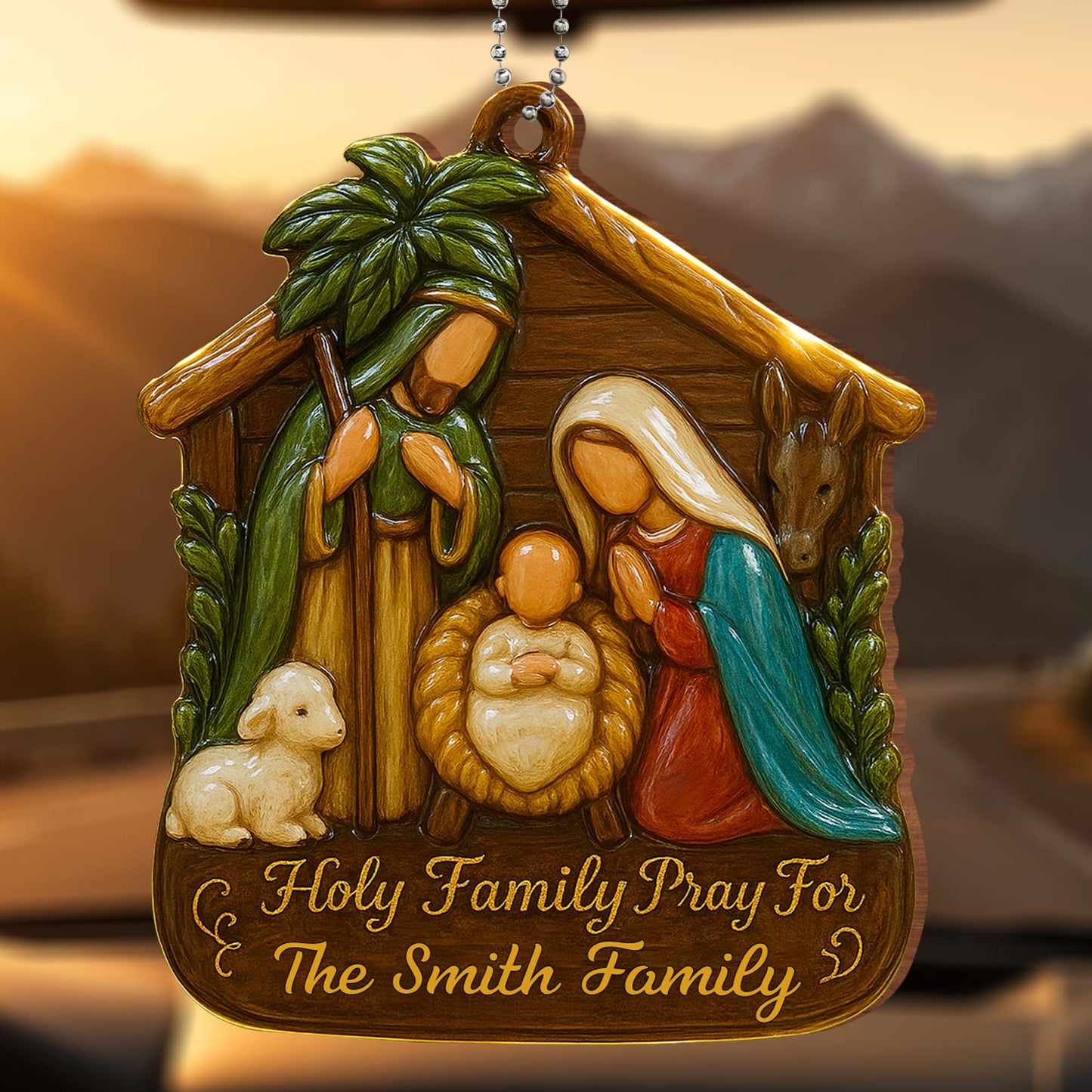 Holy Family Pray For Us, Holy Family Lamb and Donkey - Personalized Custom Wood Ornament, Car Hanging Ornament - FTH050_WCA