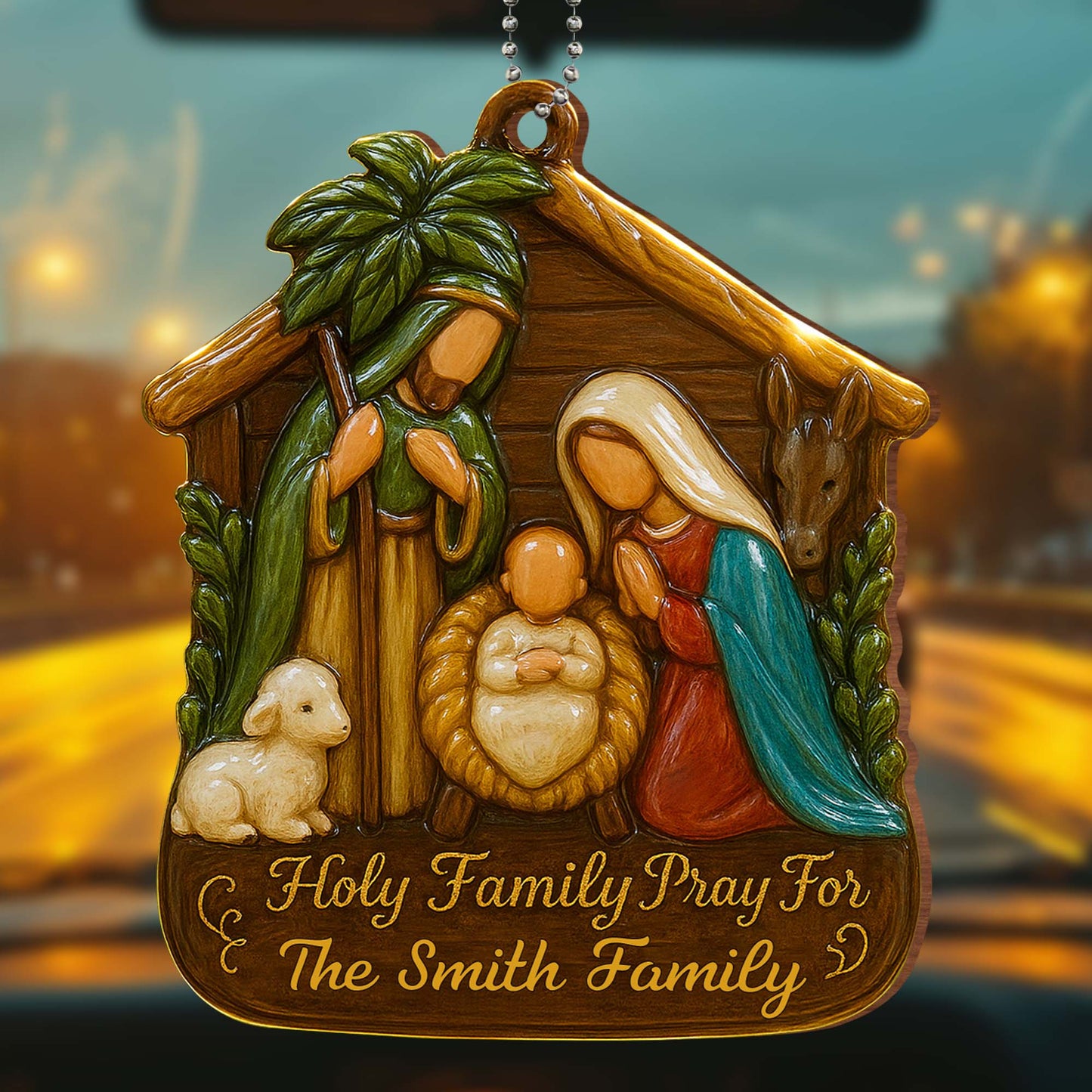 Holy Family Pray For Us, Holy Family Lamb and Donkey - Personalized Custom Wood Ornament, Car Hanging Ornament - FTH050_WCA