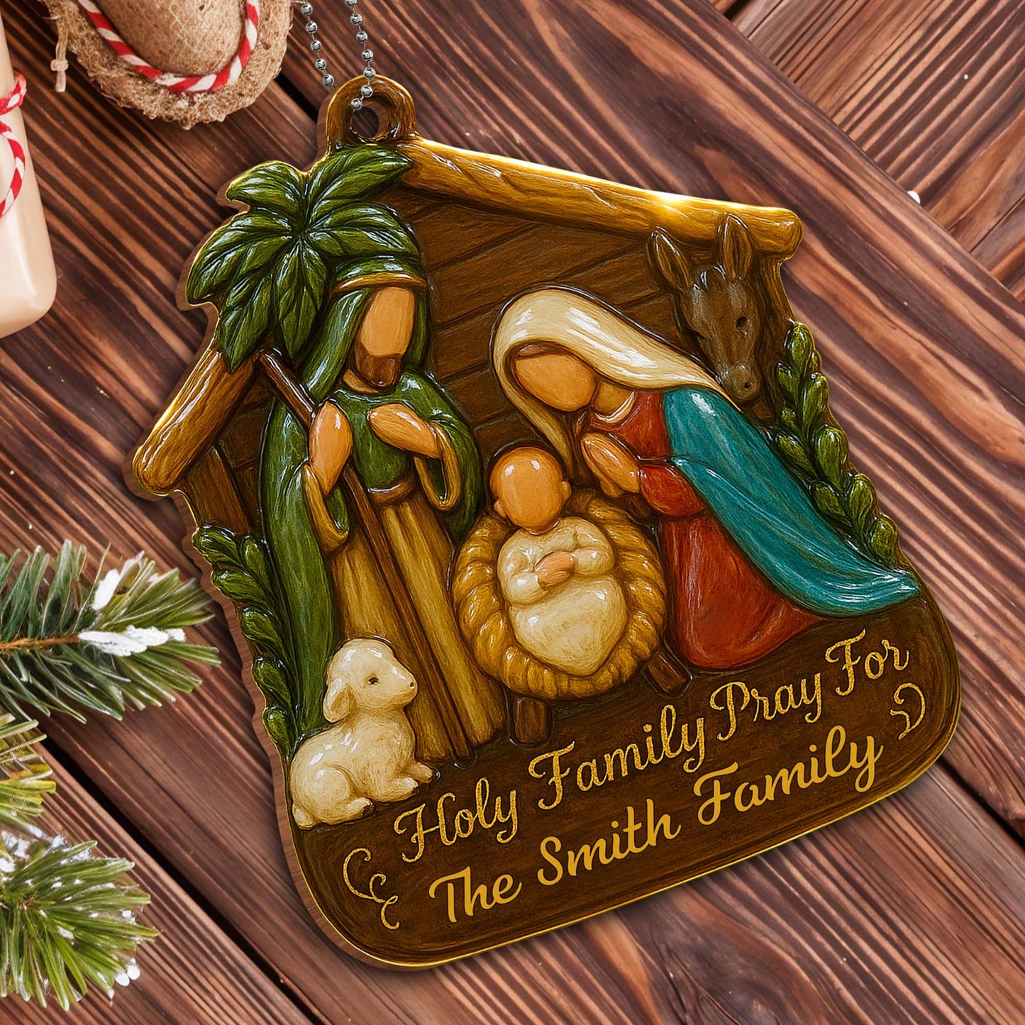 Holy Family Pray For Us, Holy Family Lamb and Donkey - Personalized Custom Wood Ornament, Car Hanging Ornament - FTH050_WCA