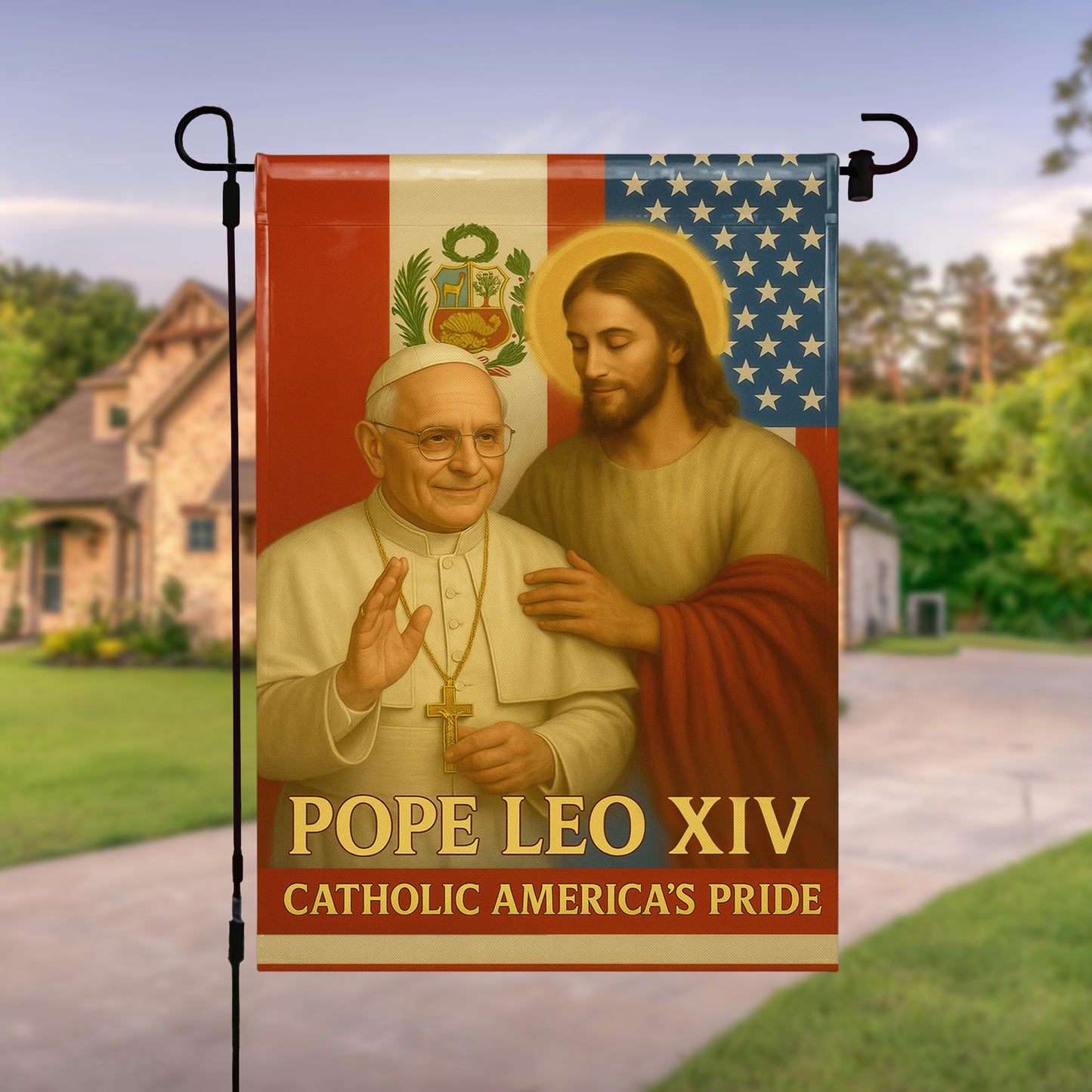 Pope Leo XIV Catholic America's Pride, Pope and Jesus with American Flag
