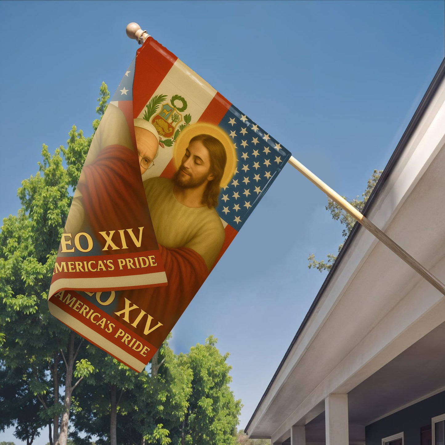 Pope Leo XIV Catholic America's Pride, Pope and Jesus with American Flag