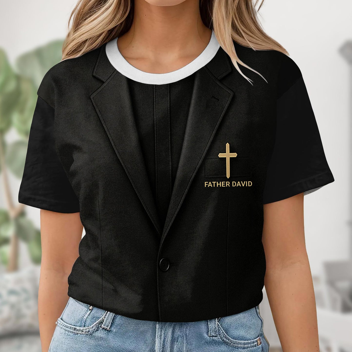 Father David T-Shirt With Cross And Suit Design