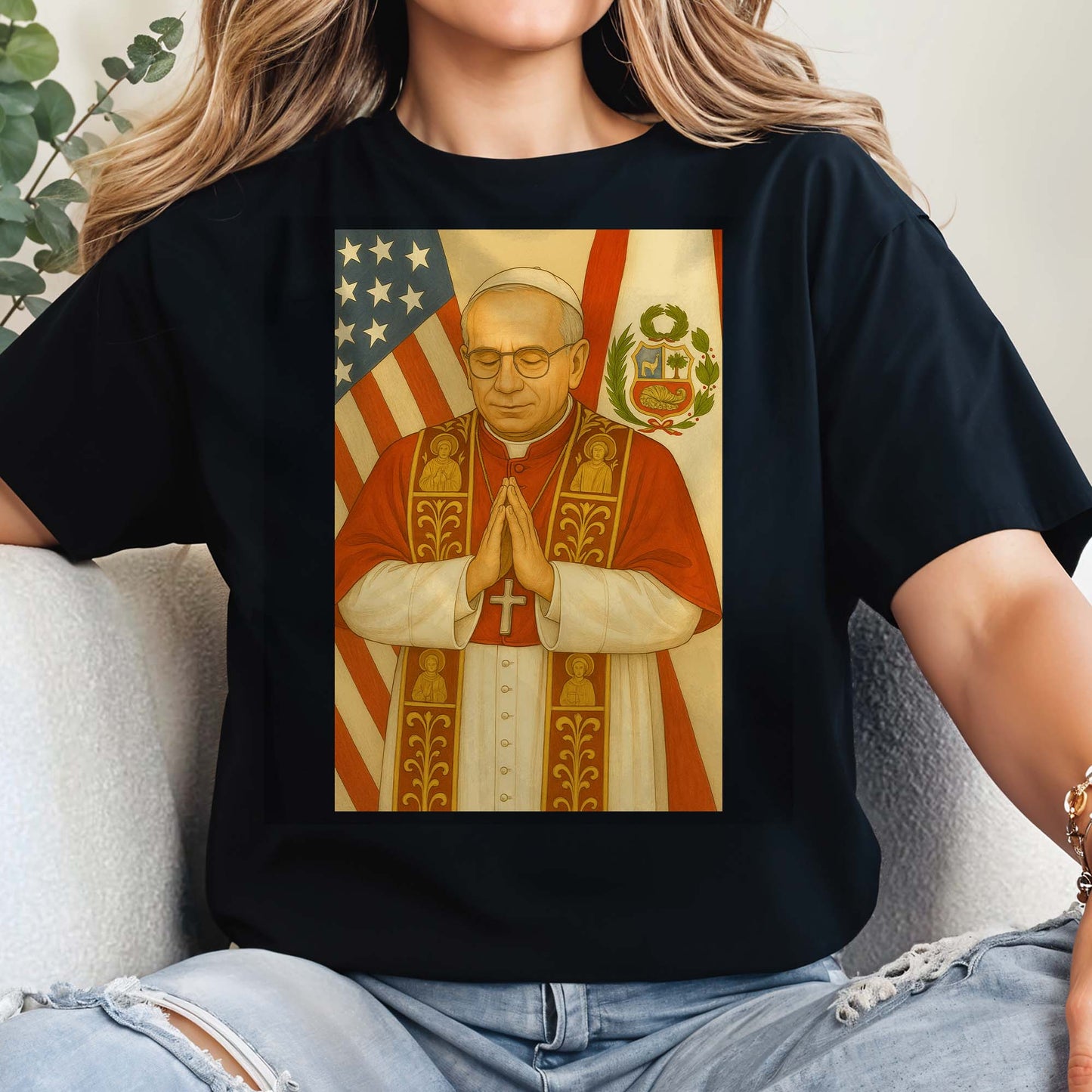 Religious Figure Praying, US And Peruvian Flags