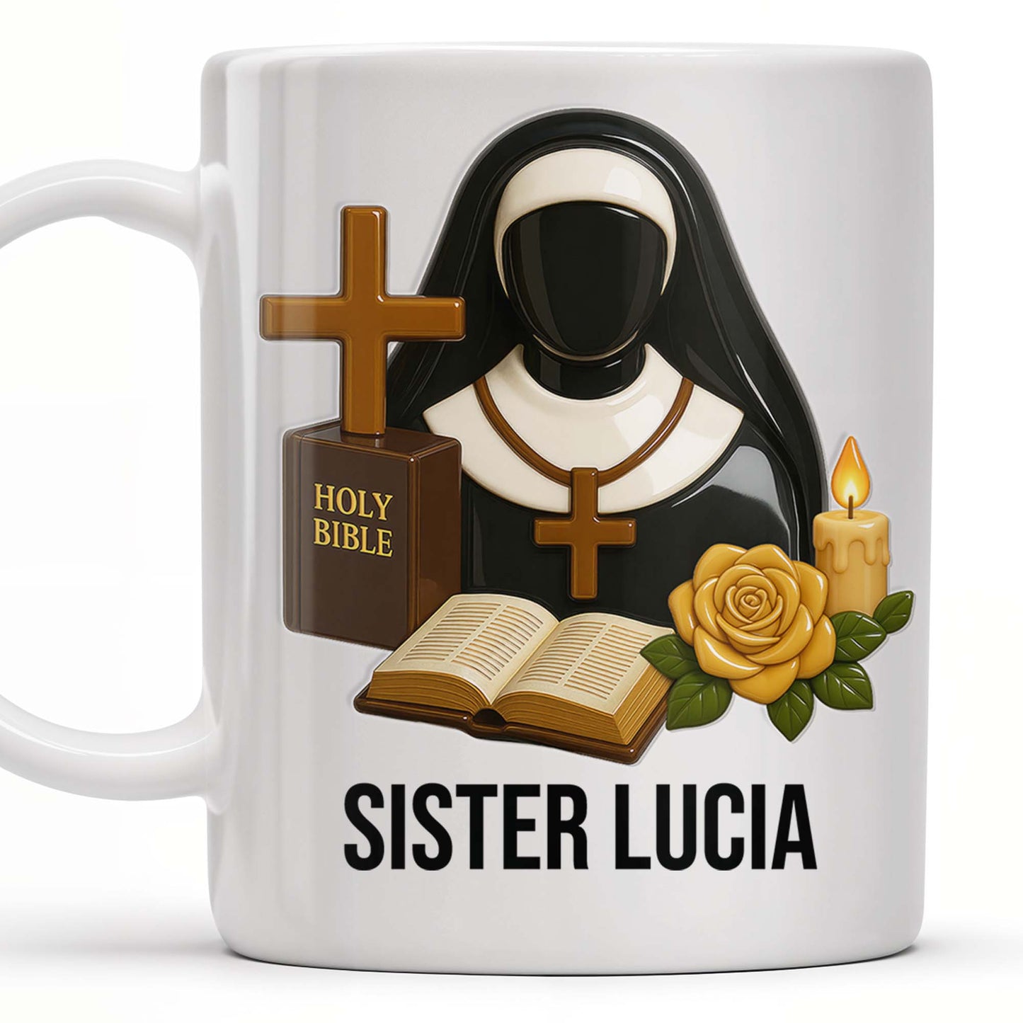Customize Your Spiritual Coffee Mug With Icons Like Nun, Cross, And Rose