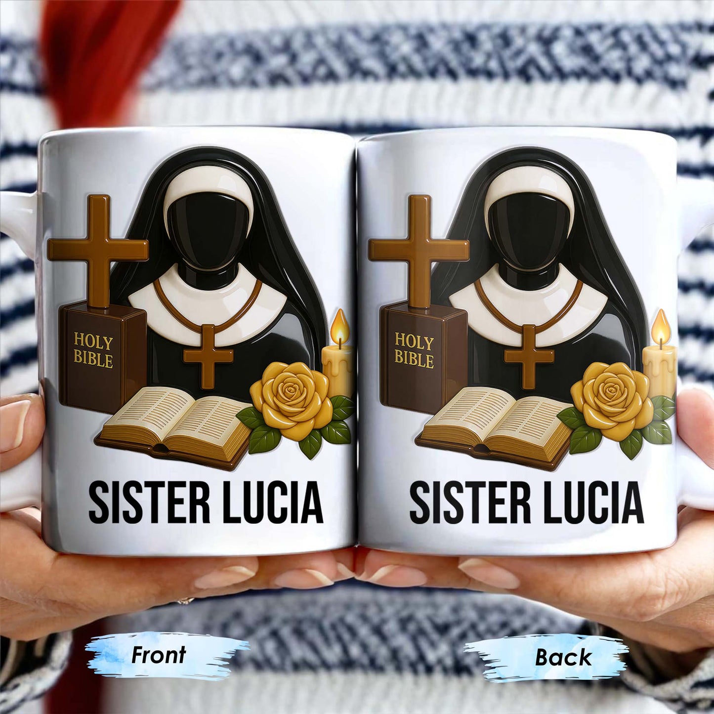 Customize Your Spiritual Coffee Mug With Icons Like Nun, Cross, And Rose