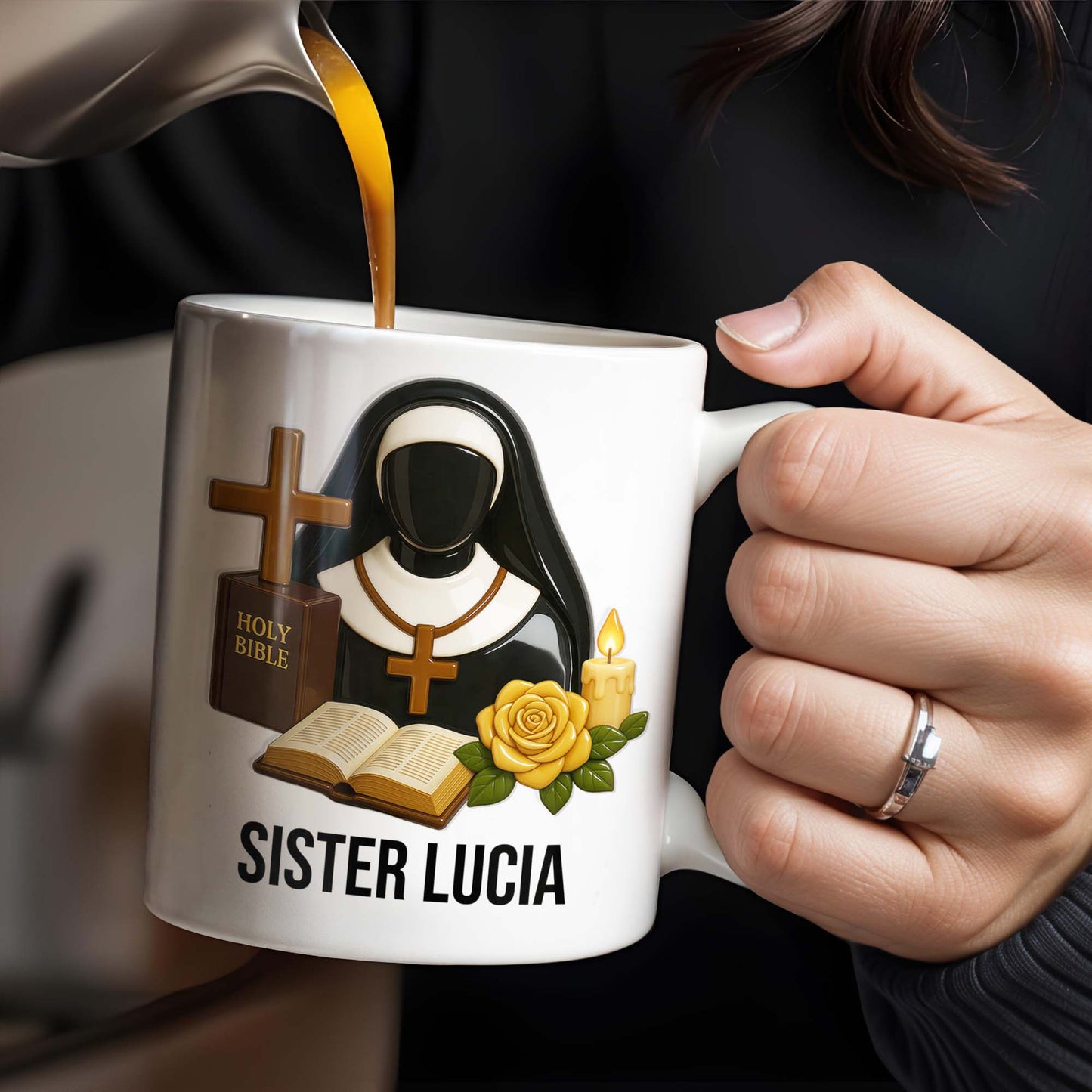 Customize Your Spiritual Coffee Mug With Icons Like Nun, Cross, And Rose