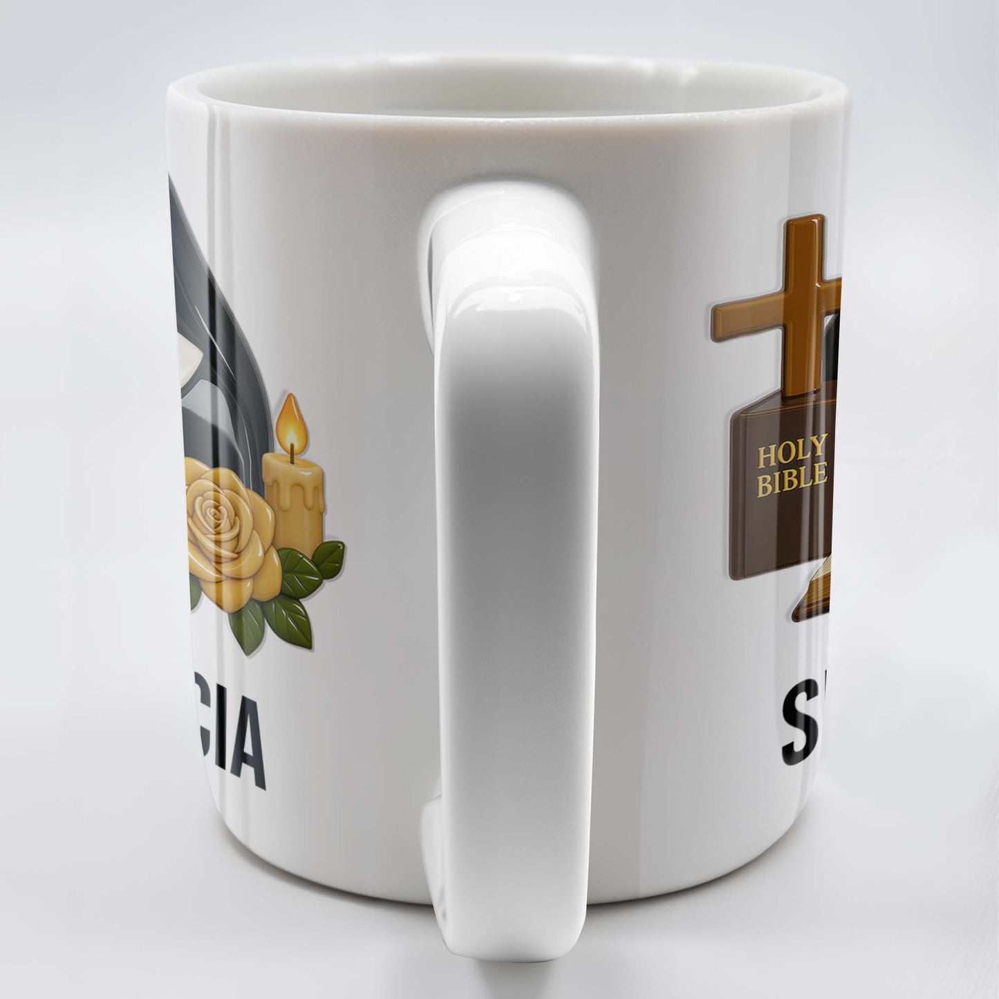 Customize Your Spiritual Coffee Mug With Icons Like Nun, Cross, And Rose