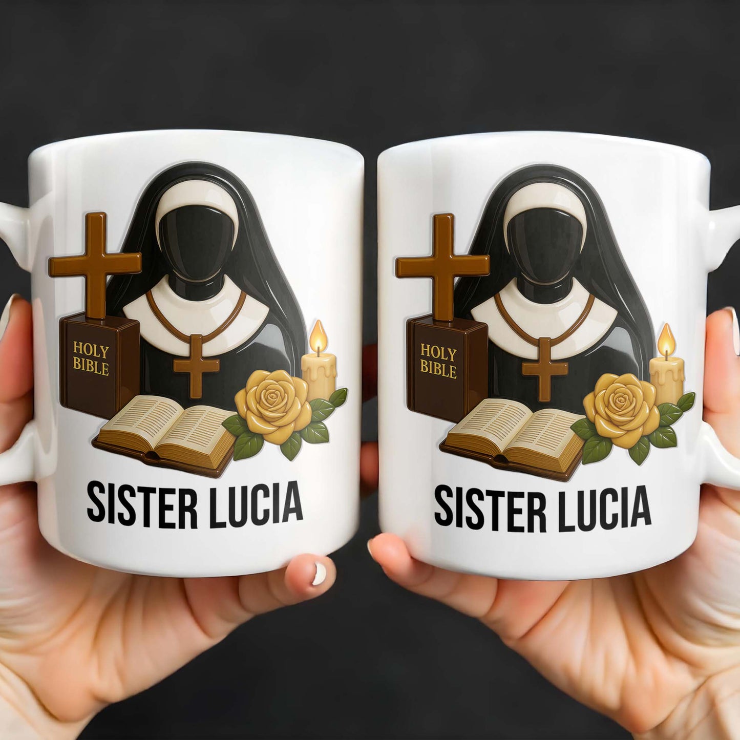 Customize Your Spiritual Coffee Mug With Icons Like Nun, Cross, And Rose