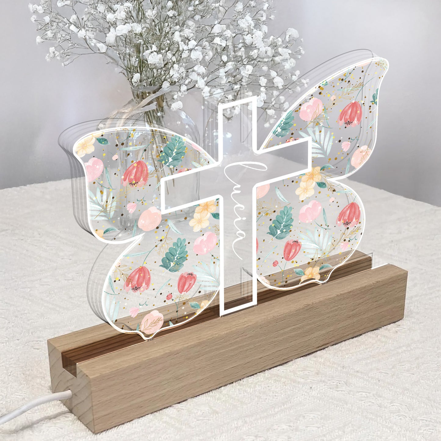Floral and Botanical Elements Cross Design - Personalized LED Night Light With Wooden Base - FTH058_LEWO