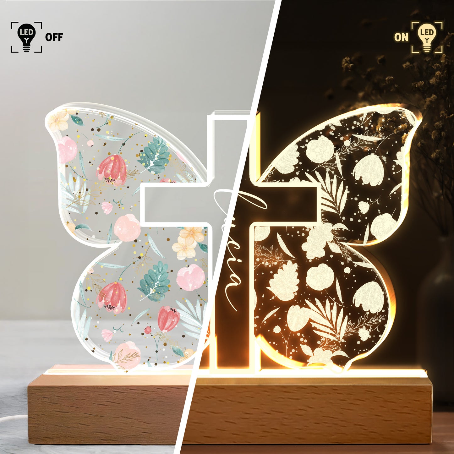 Floral and Botanical Elements Cross Design - Personalized LED Night Light With Wooden Base - FTH058_LEWO