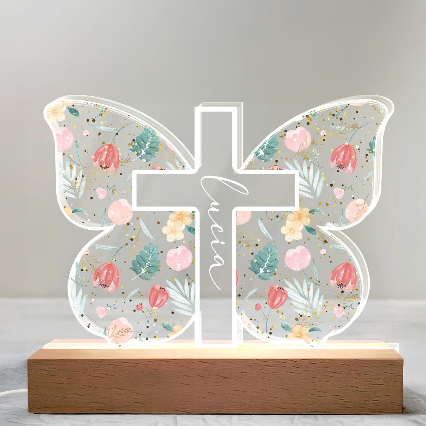 Floral and Botanical Elements Cross Design - Personalized LED Night Light With Wooden Base - FTH058_LEWO