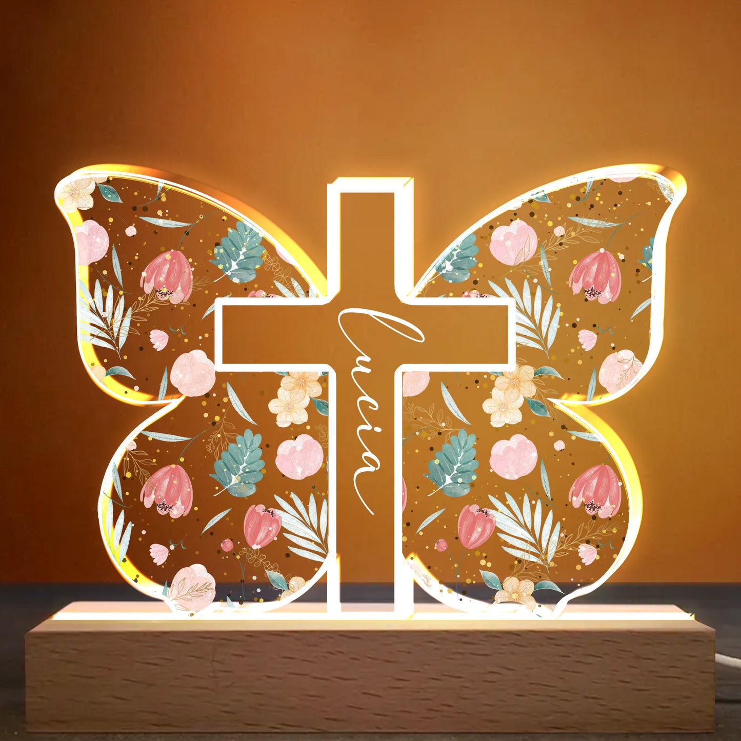Floral and Botanical Elements Cross Design - Personalized LED Night Light With Wooden Base - FTH058_LEWO