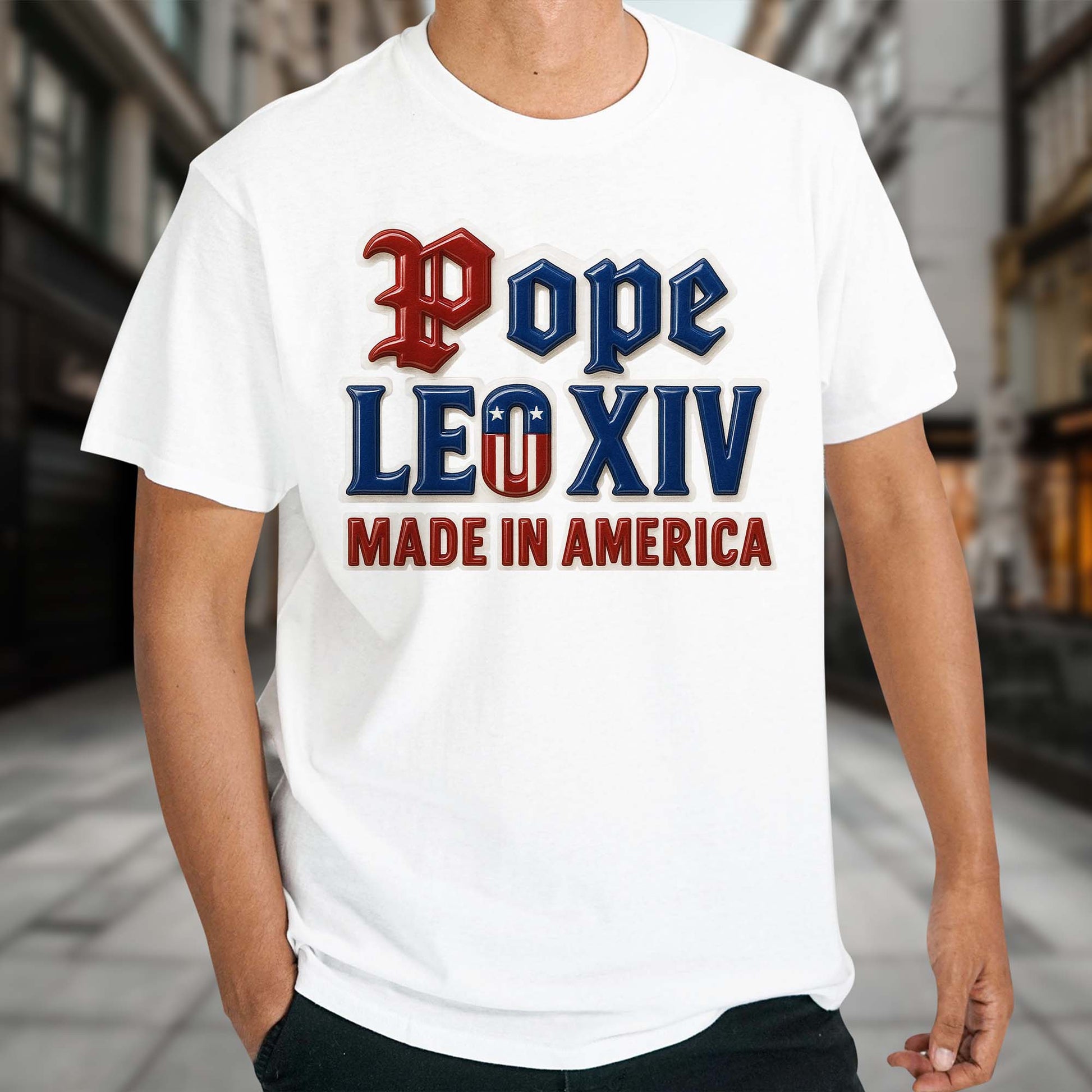 Pope Leo XIV Made in America, Old English Lettering and American Flag