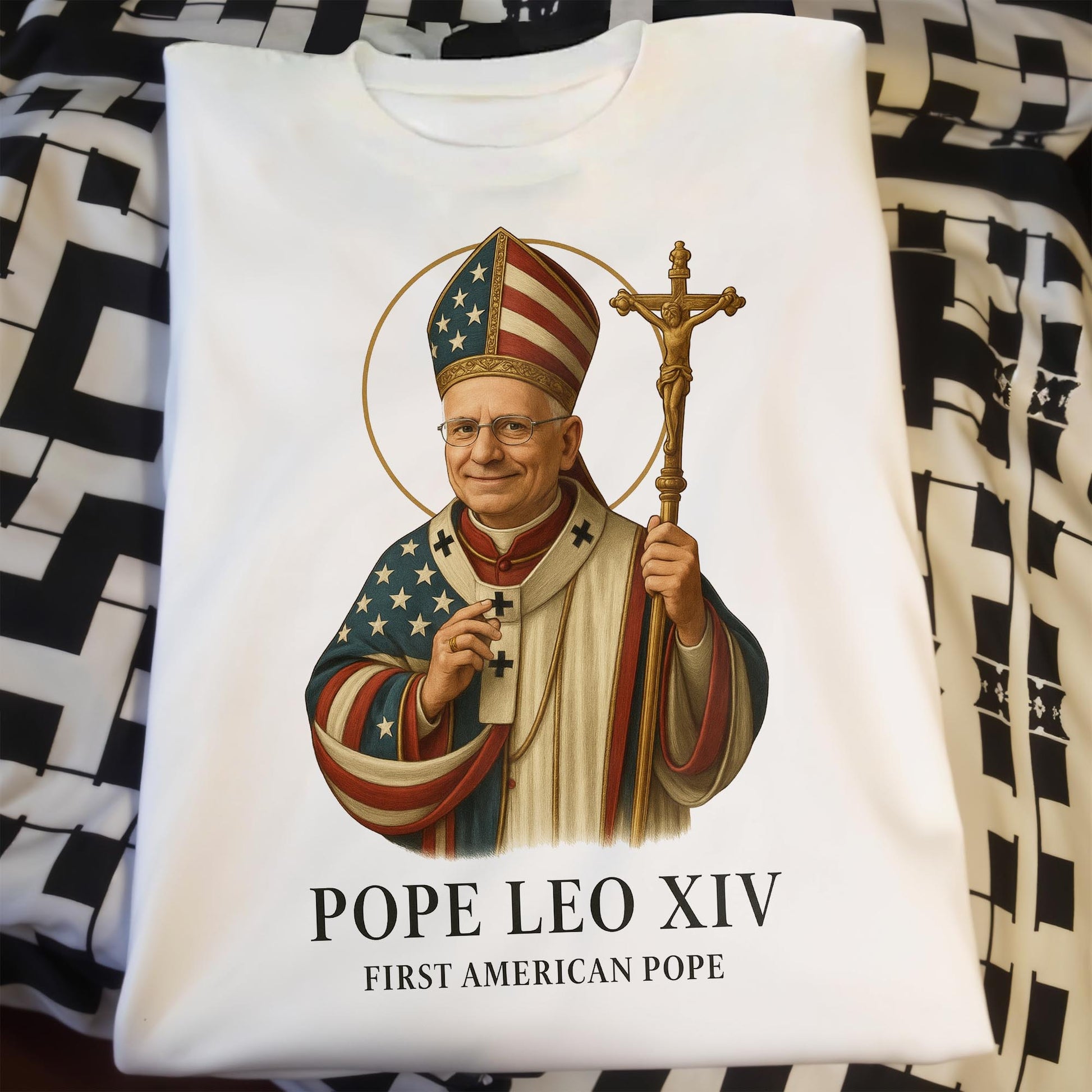 Pope Leo XIV, First American Pope, American Flag and Cross