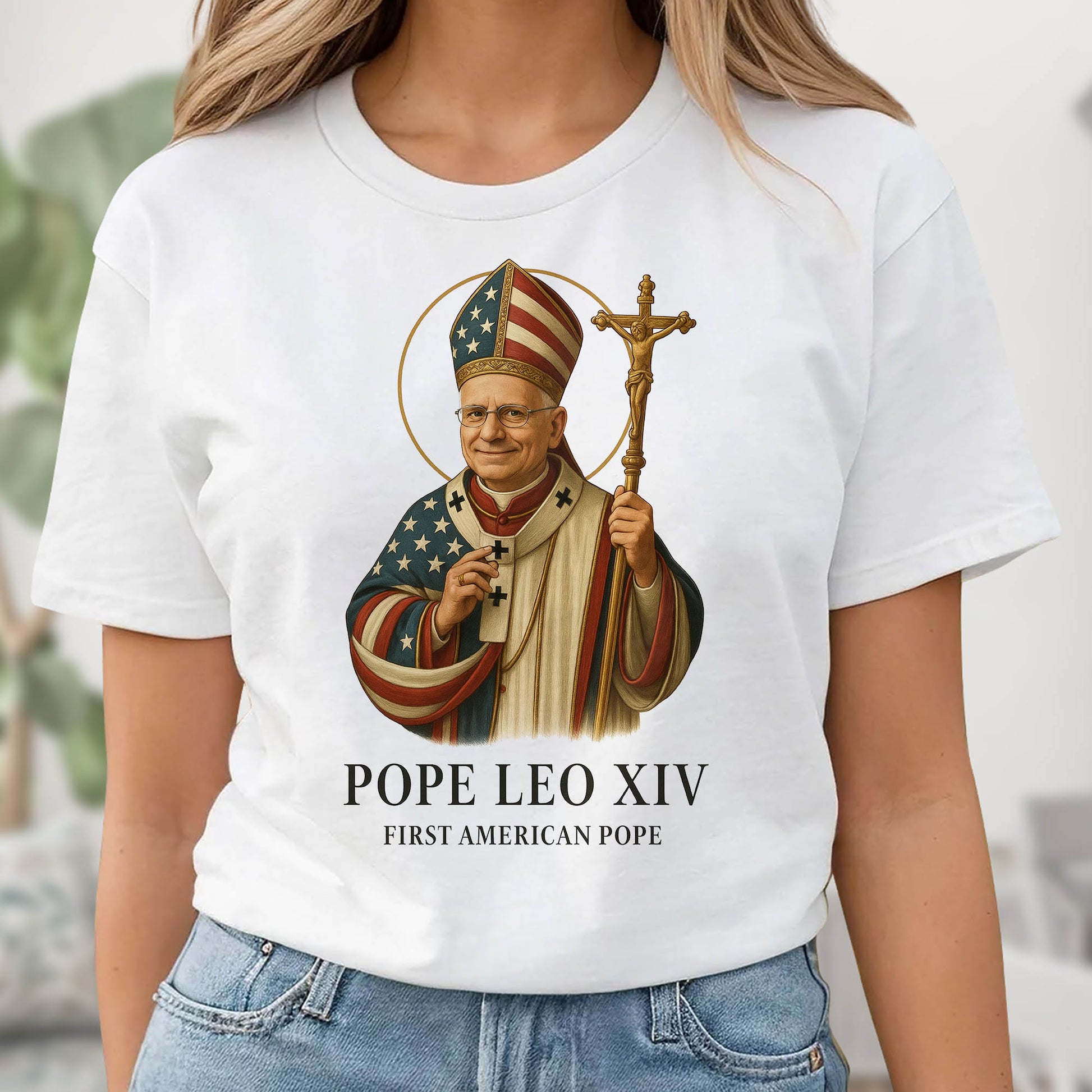 Pope Leo XIV, First American Pope, American Flag and Cross