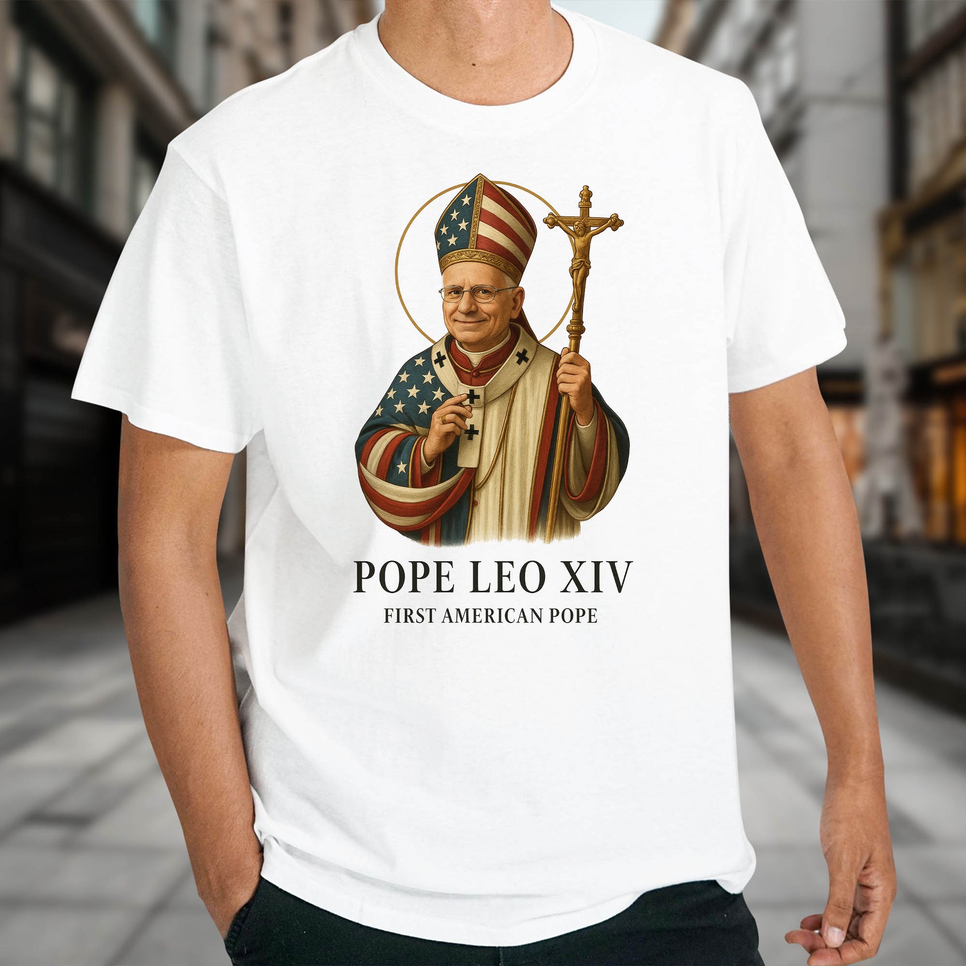 Pope Leo XIV, First American Pope, American Flag and Cross