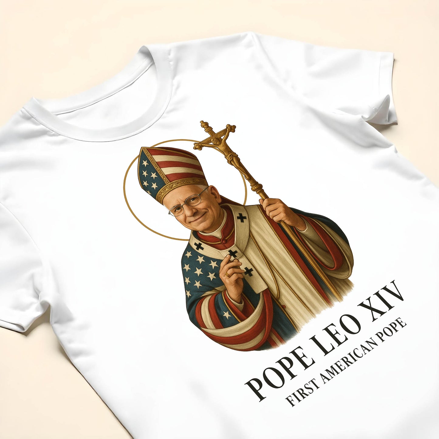 Pope Leo XIV, First American Pope, American Flag and Cross