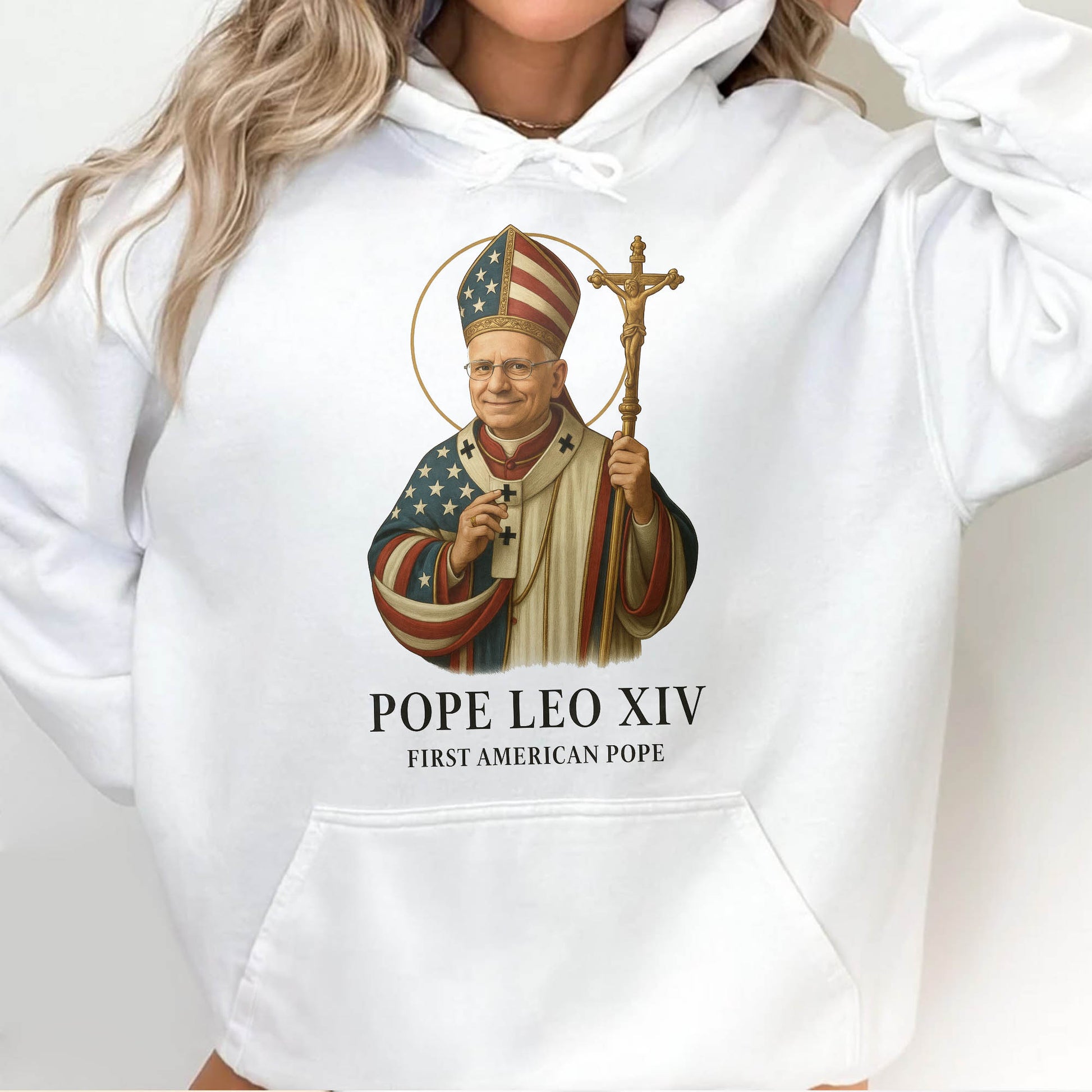 Pope Leo XIV, First American Pope, American Flag and Cross